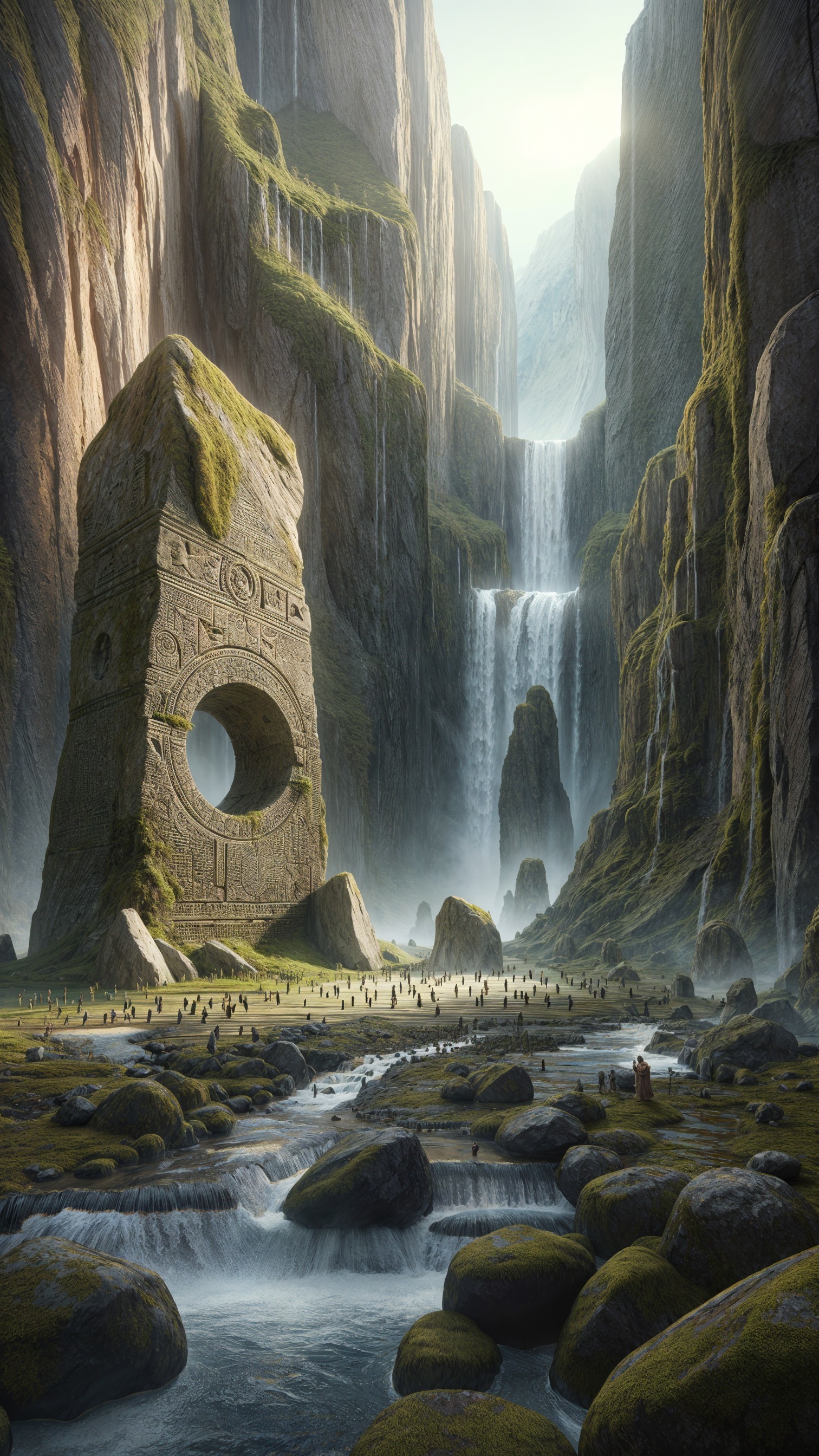 Majestic Waterfall and Ancient Structure in Landscape