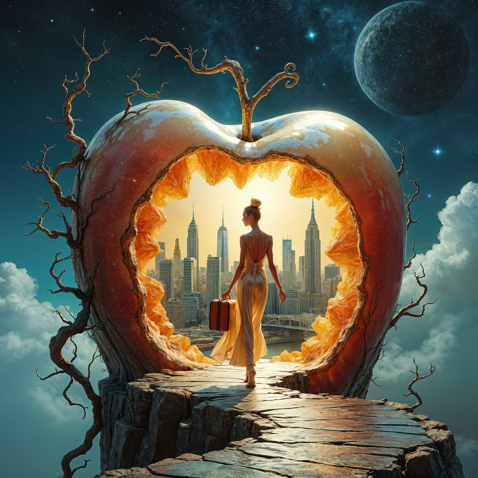 Woman in gown emerges from giant apple in skyline scene