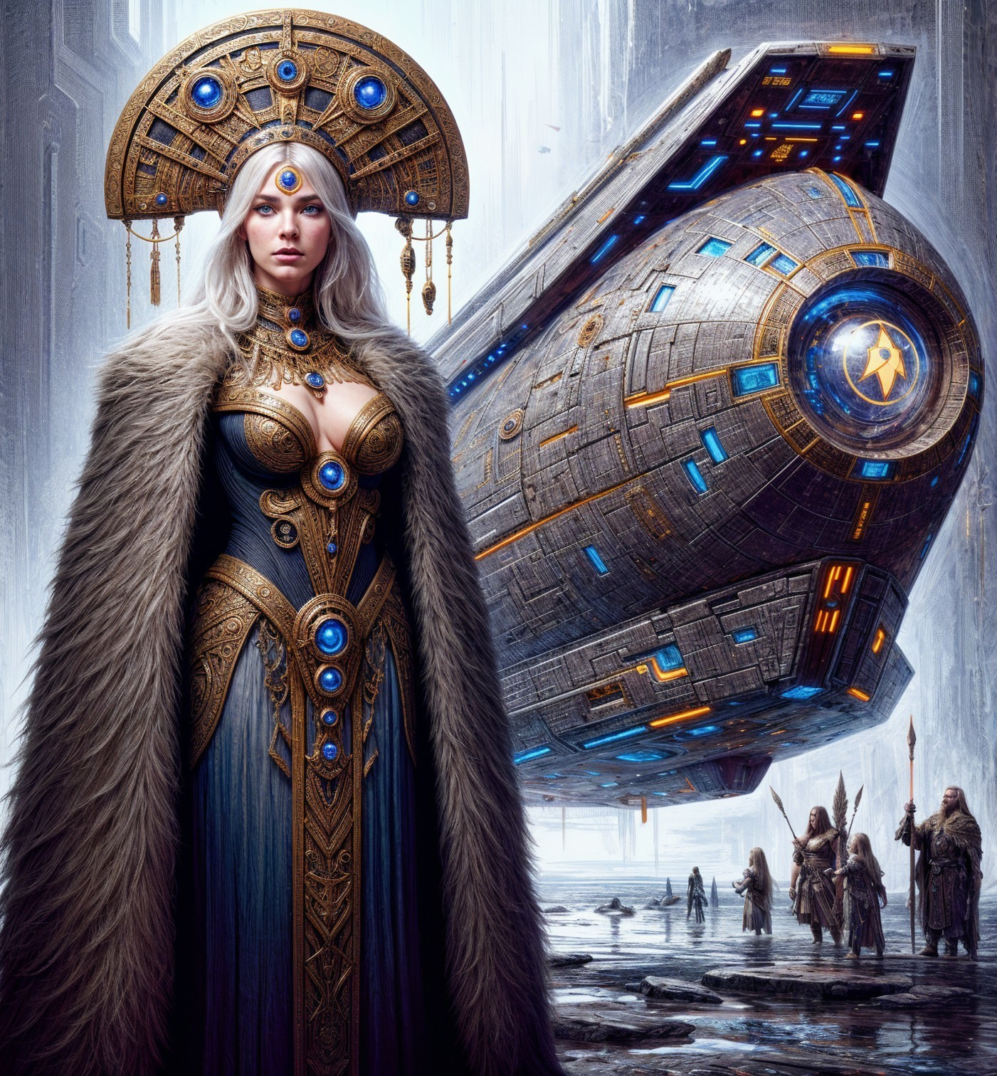 Majestic figure in ornate attire with futuristic spacecraft