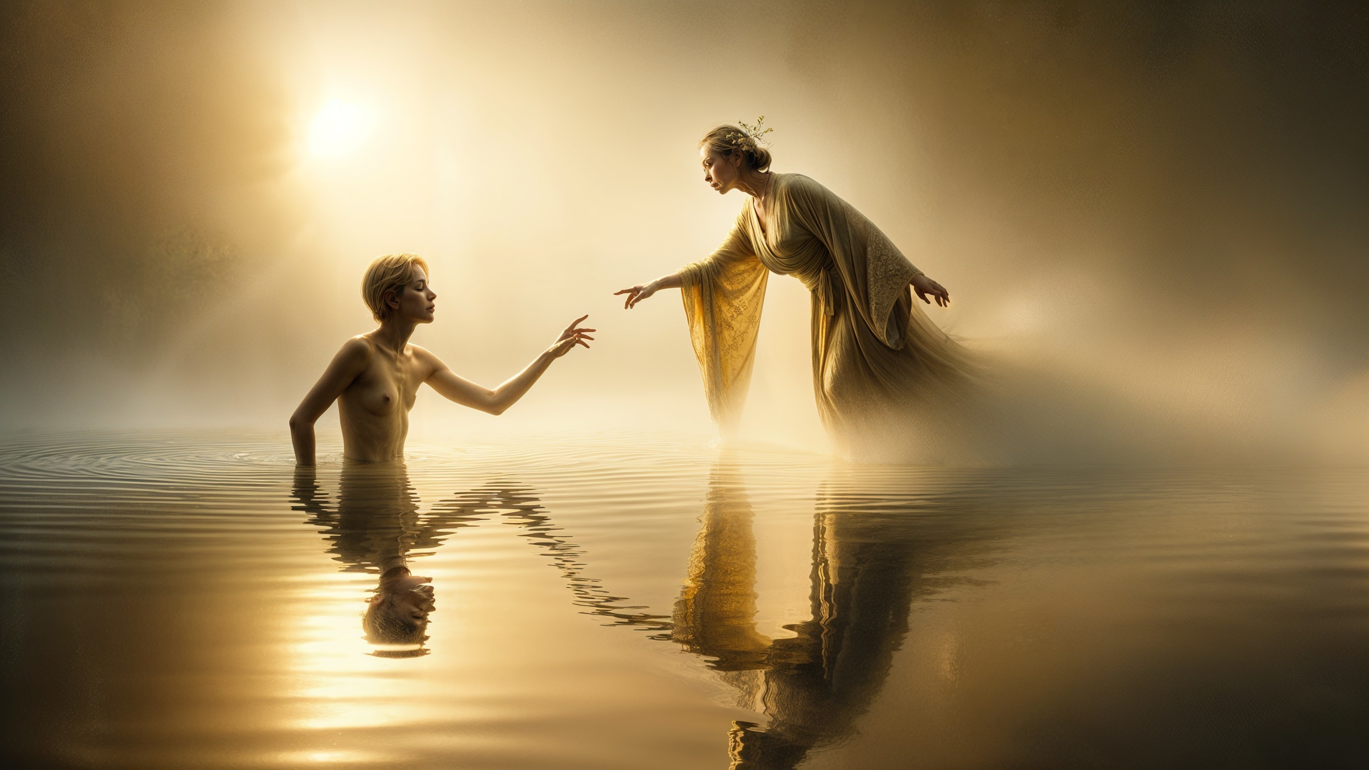 Misty Scene with Figures Emerging from Water Surface