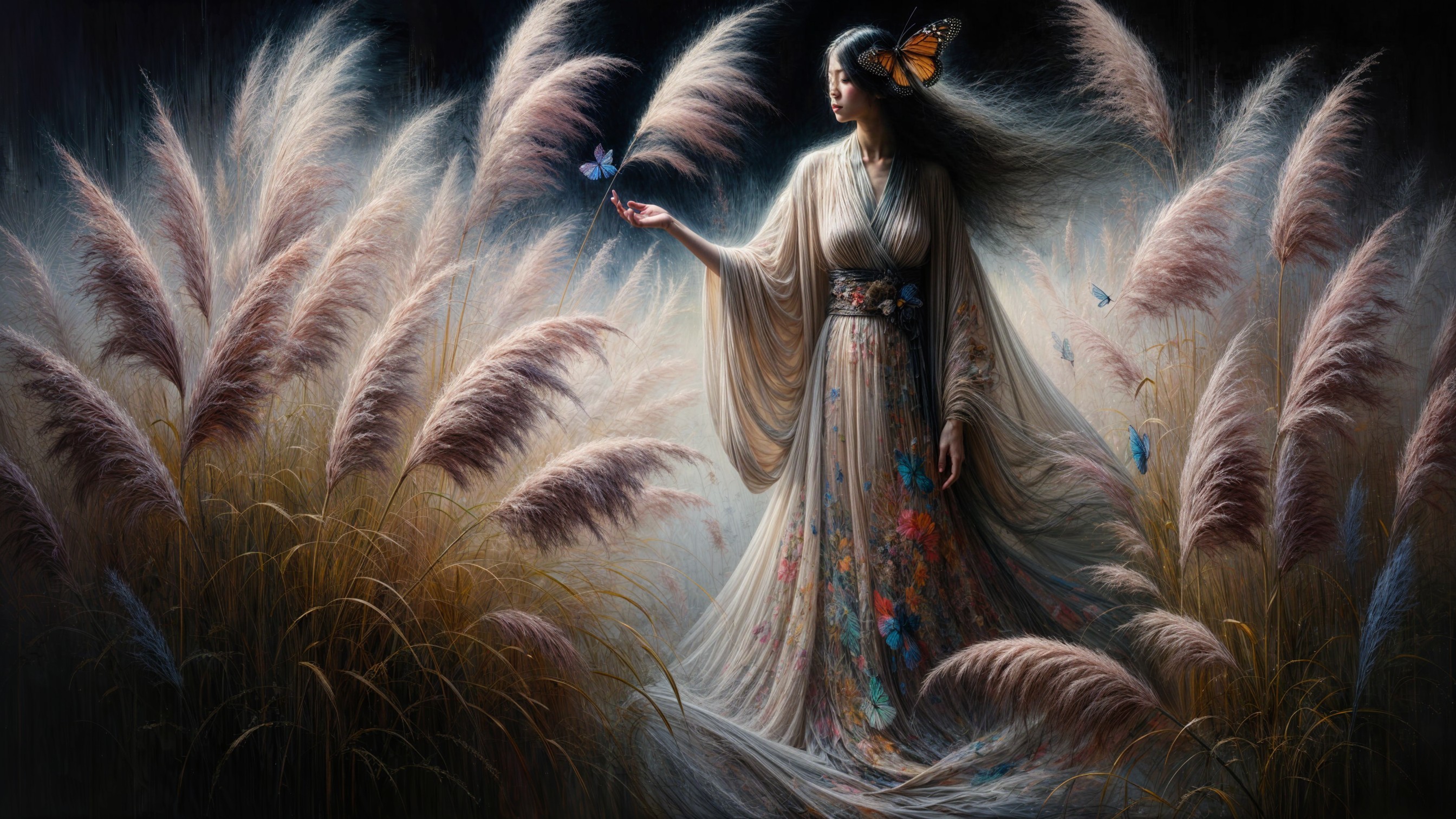 Serene figure in floral kimono surrounded by butterflies