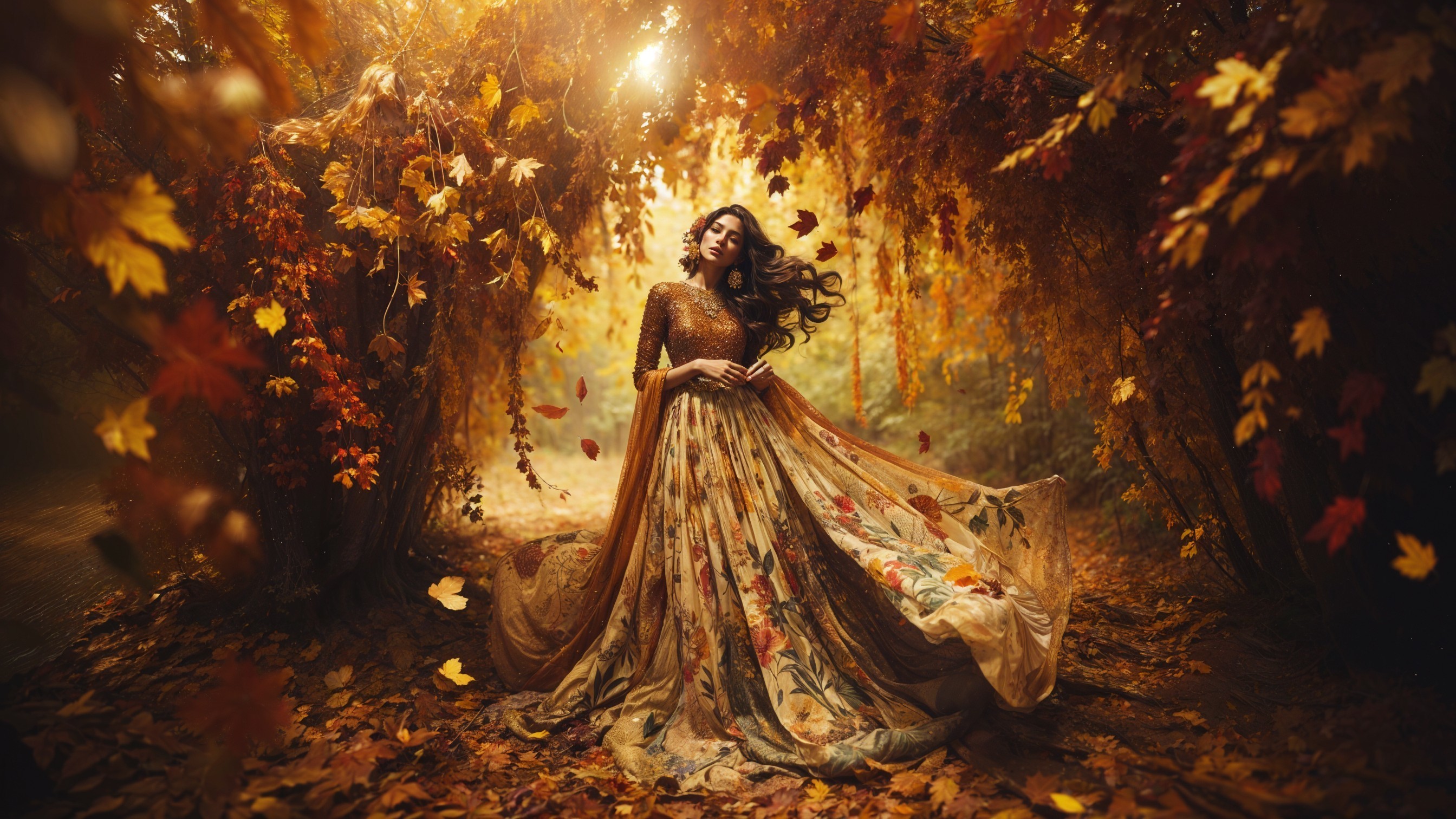 Woman in Autumn Forest with Flowing Gown and Leaves