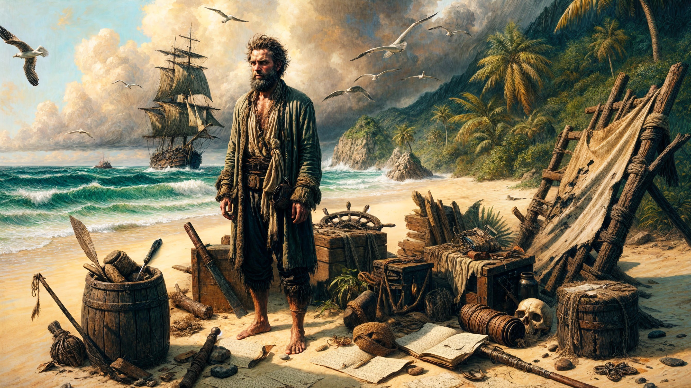 Rugged Man on Beach with Shipwreck and Ocean View