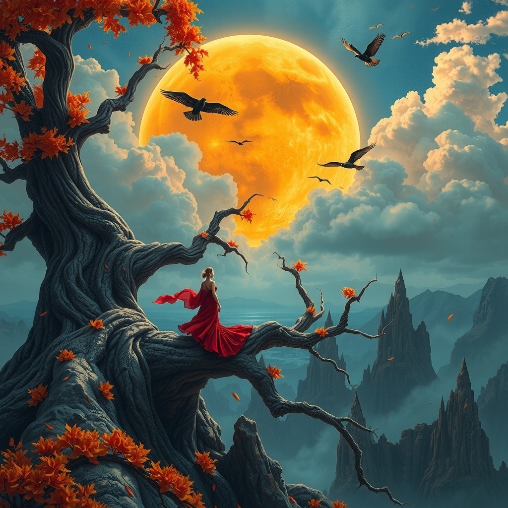 Serene landscape with a glowing moon and autumn leaves