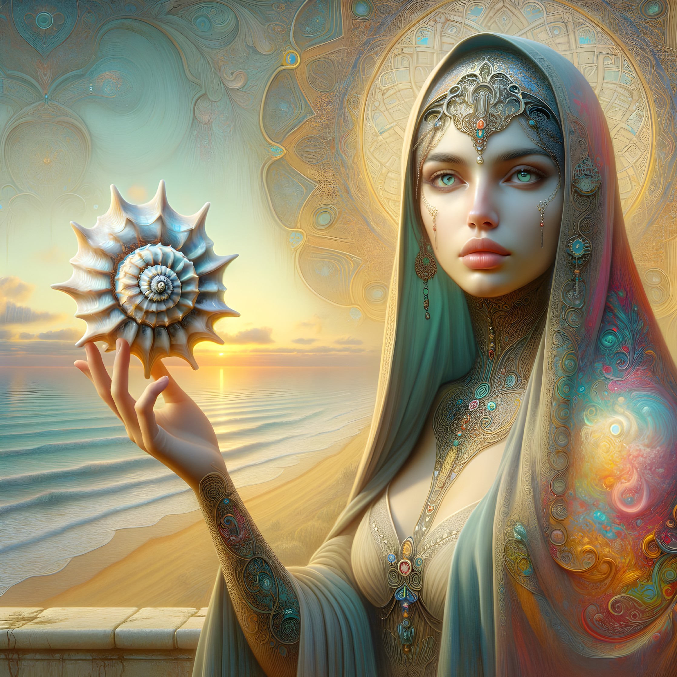 Elaborately adorned woman holding a shell by serene sea at sunset