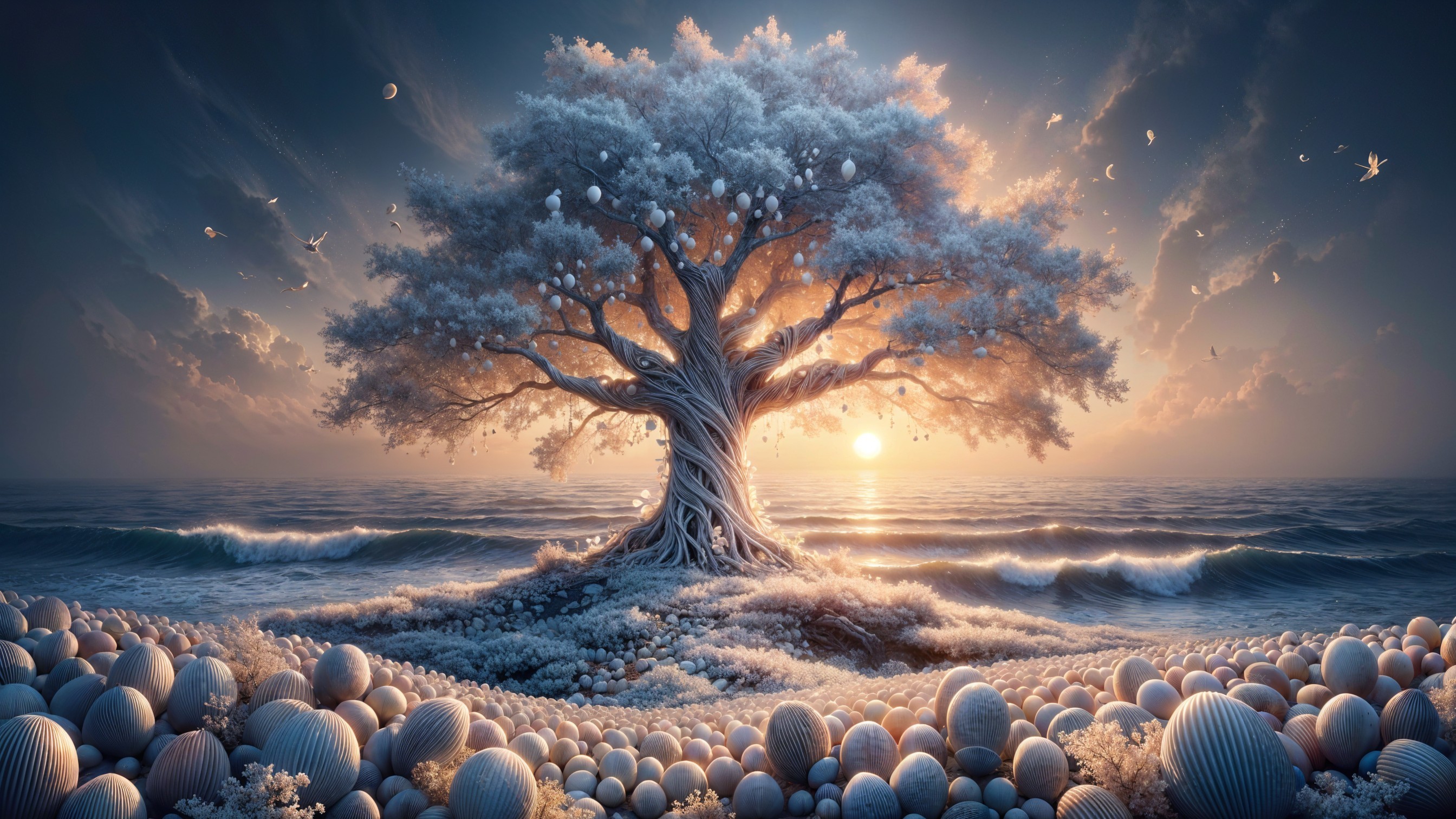 Majestic Tree on Serene Beach at Sunset