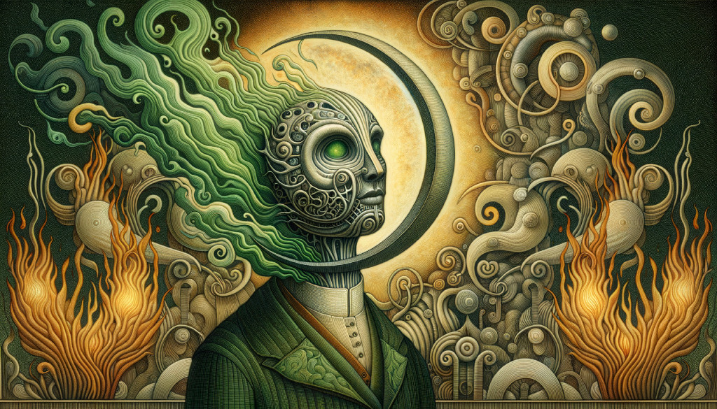 Surreal humanoid figure with mechanical face and halo in swirling patterns.