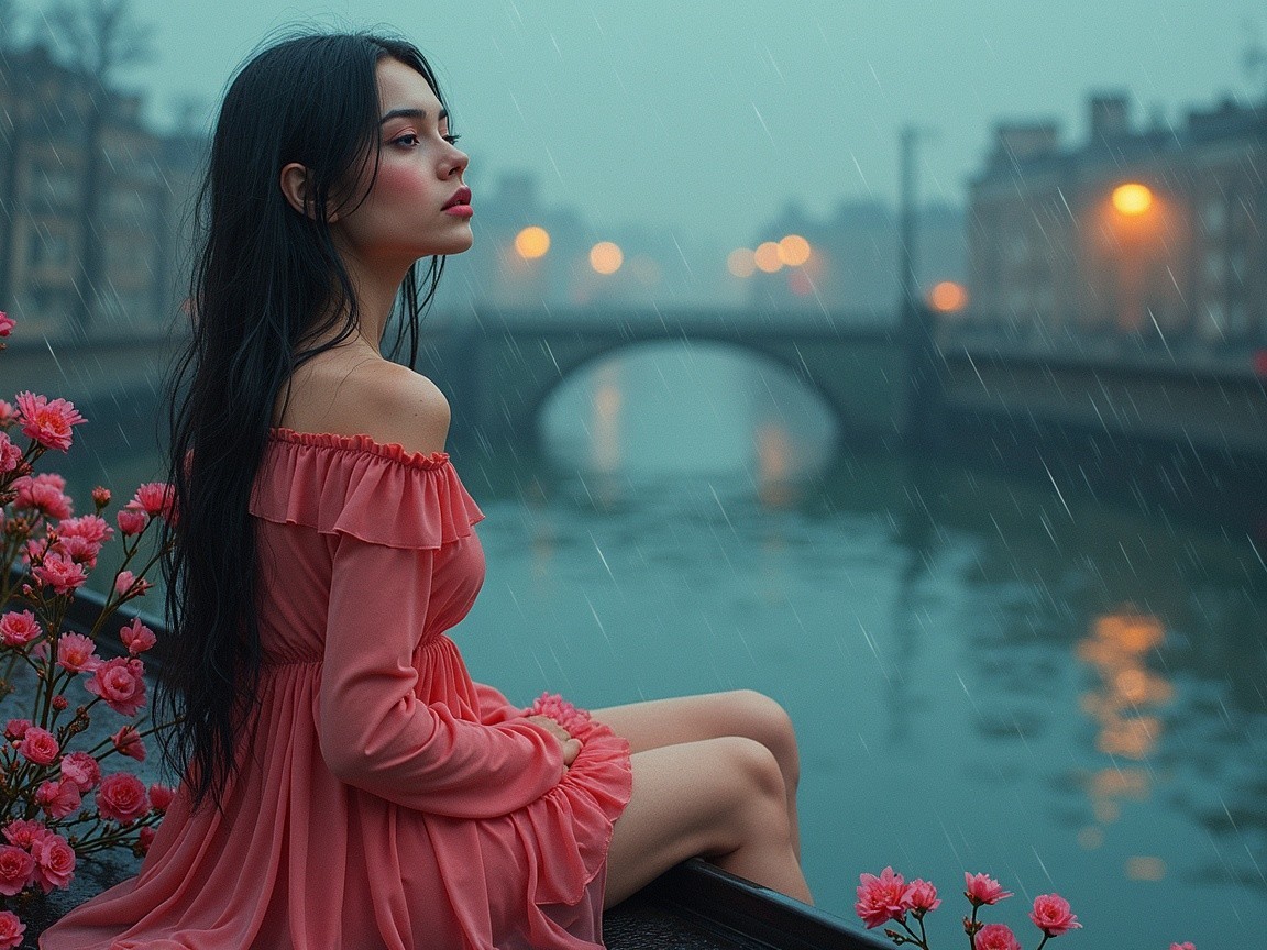 Portrait of a woman in pink dress by a canal