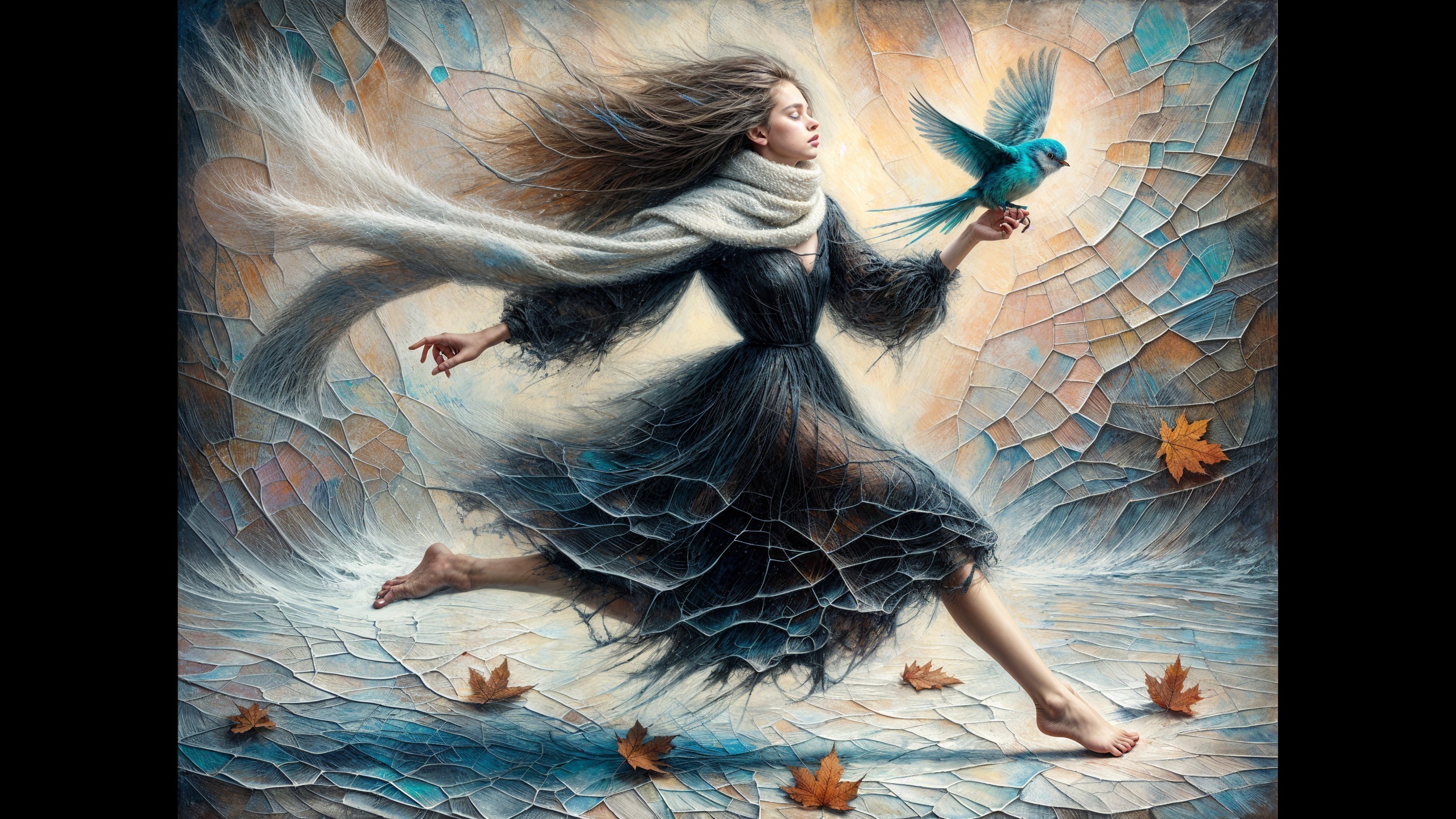Mystical Scene of Woman in Black Dress with Blue Bird