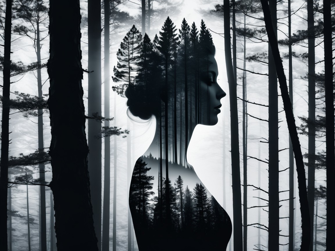 Double Exposure of Woman's Silhouette with Forest
