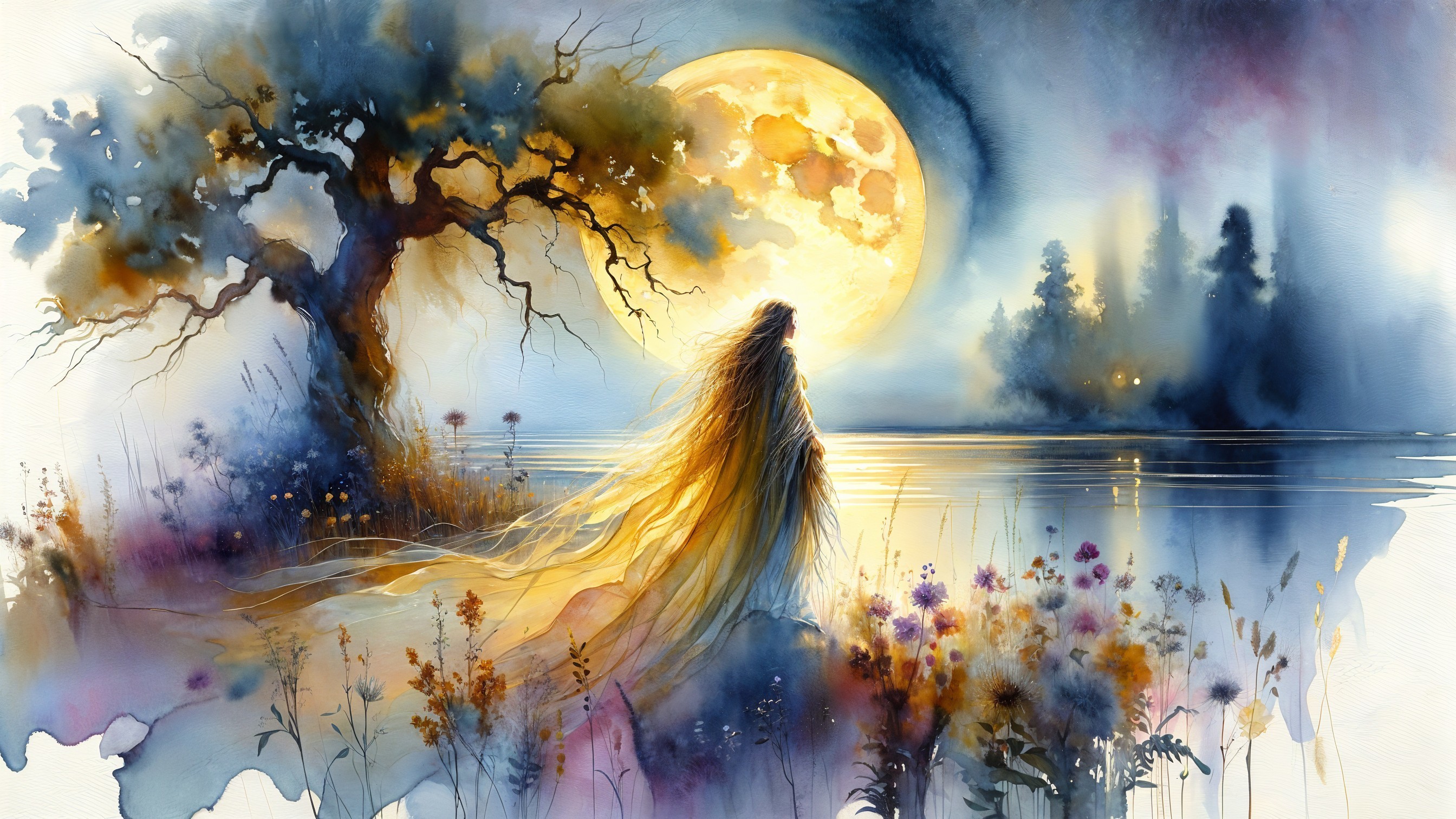 Serene Moonlit Scene by a Tranquil Lake