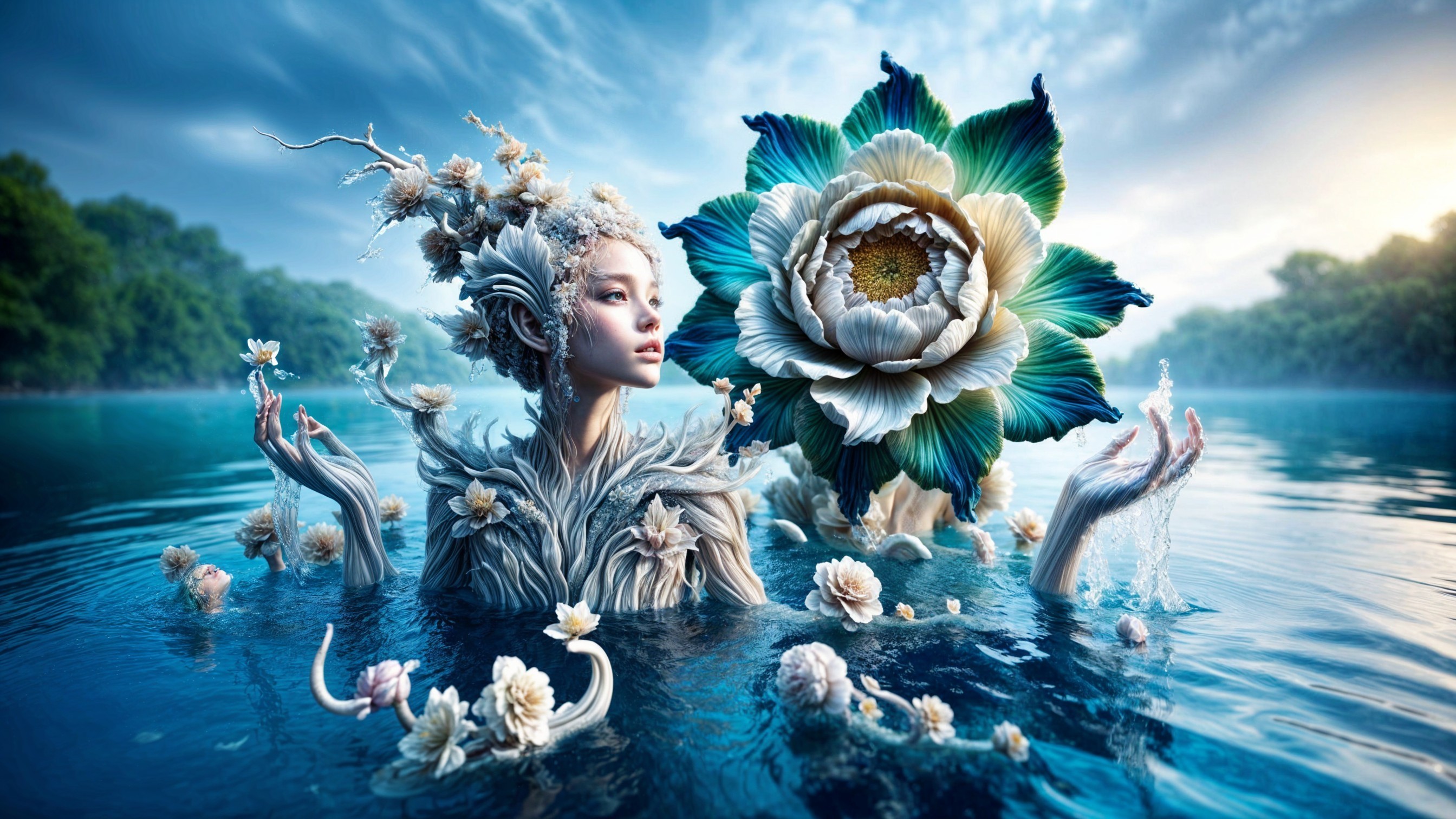 Serene figure in tranquil water with floral elements