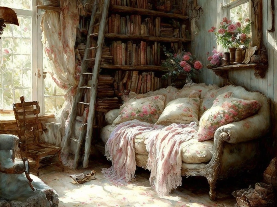 Cozy Reading Nook with Vintage Sofa and Bookshelf