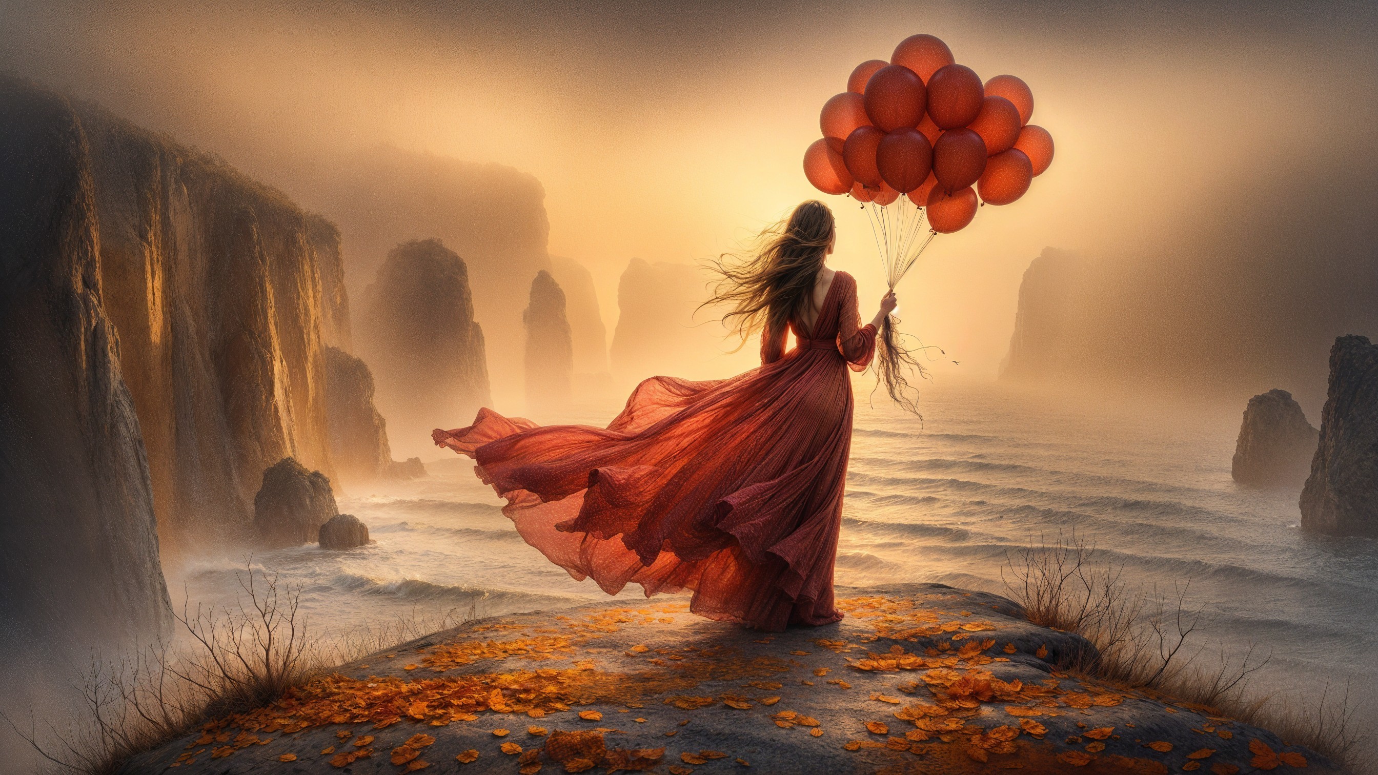 Woman in Red Dress on Rocky Cliff with Balloons