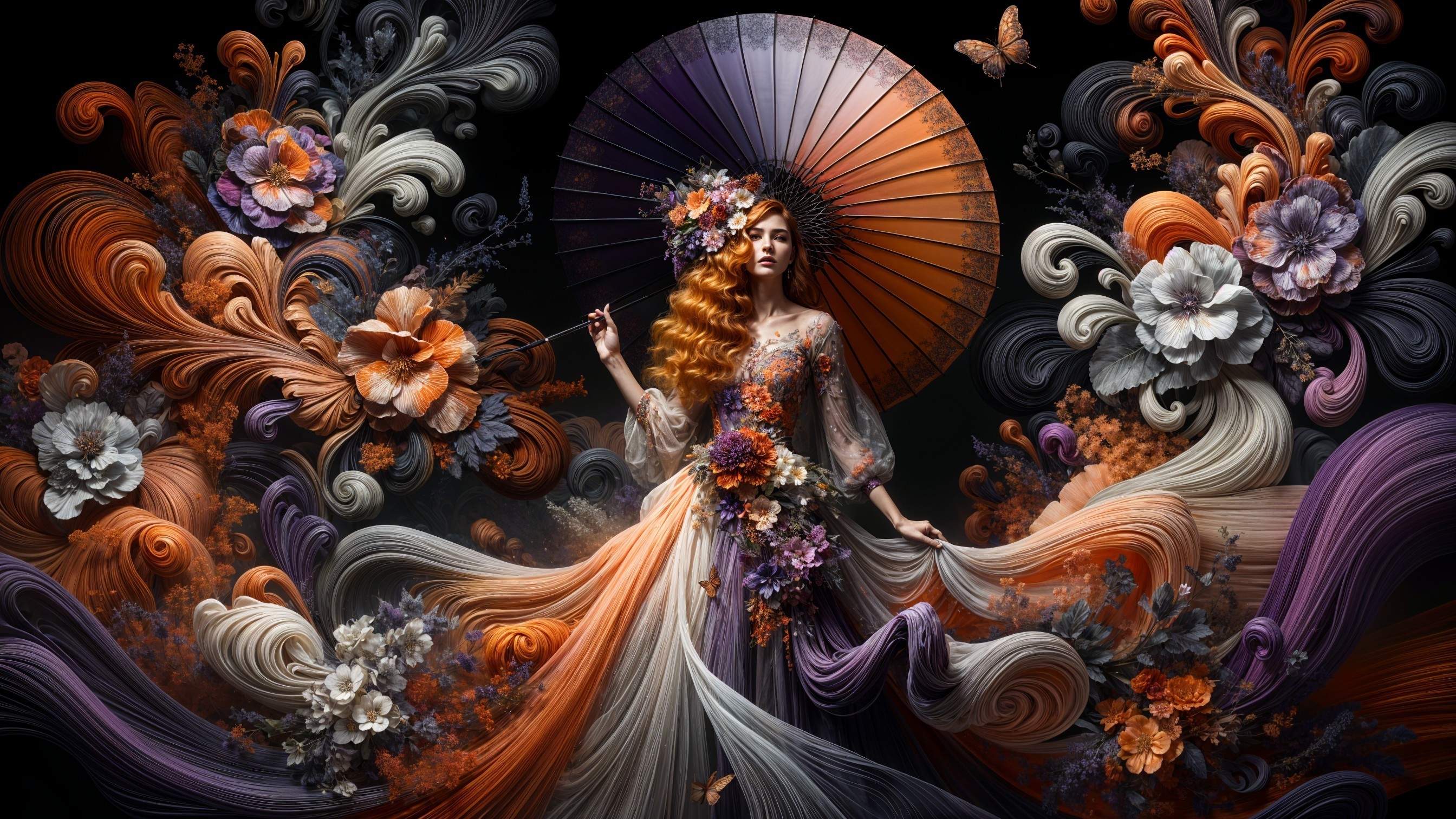 Ethereal Figure in Colorful Gown with Floral Patterns
