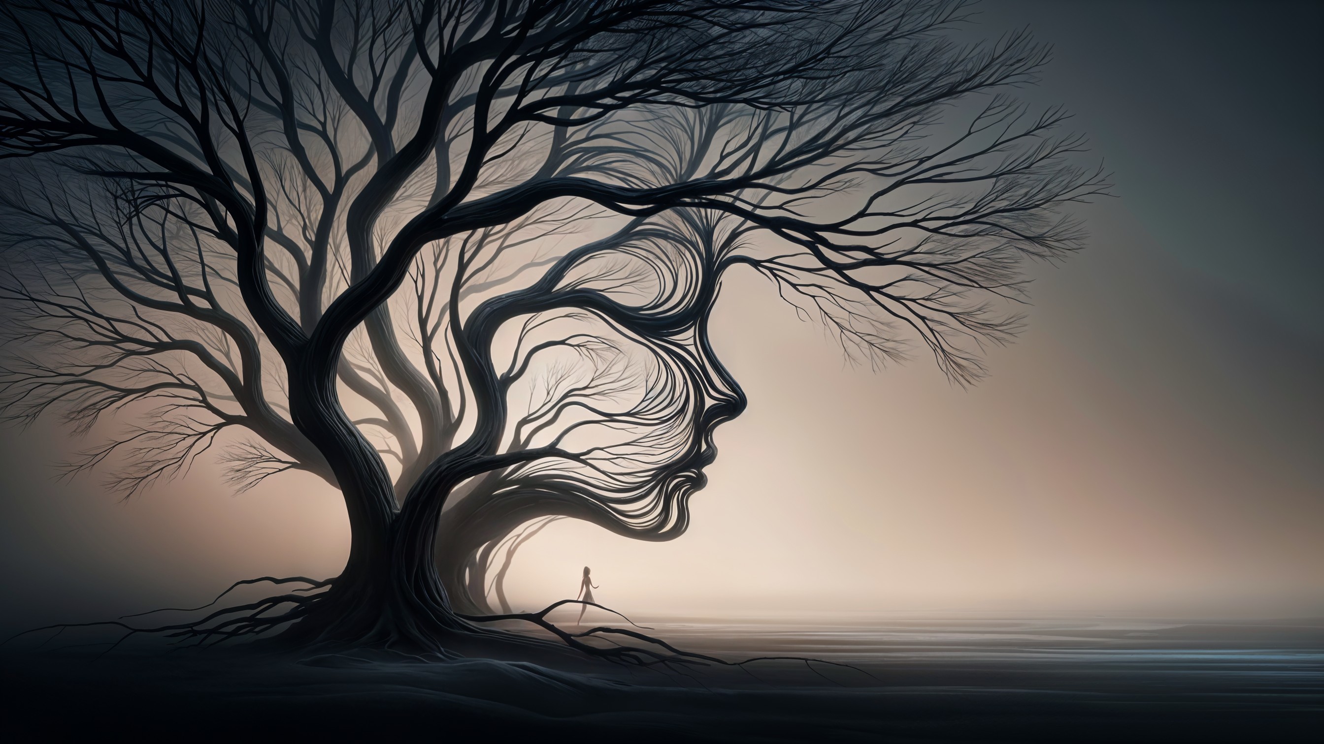 Surreal Landscape with Tree and Human Face Fusion