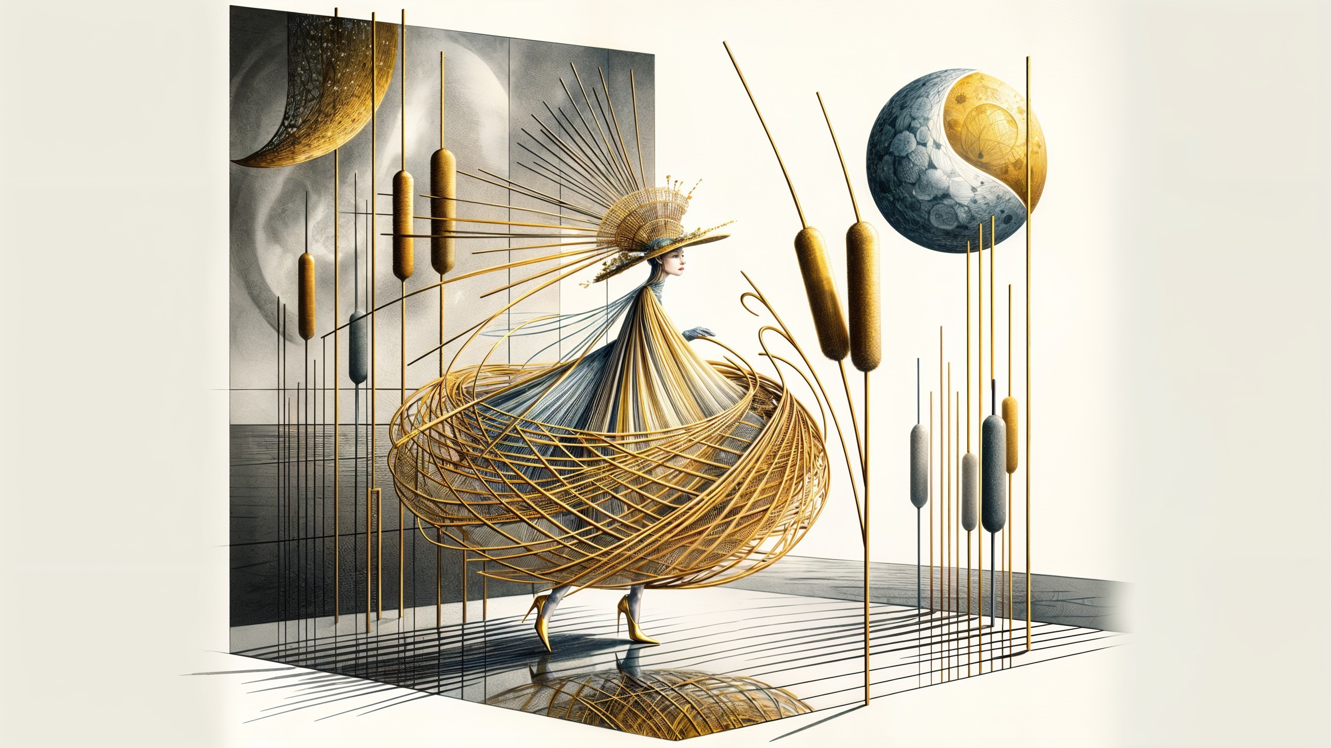 Whimsical Figure in Golden Nest-Inspired Dress
