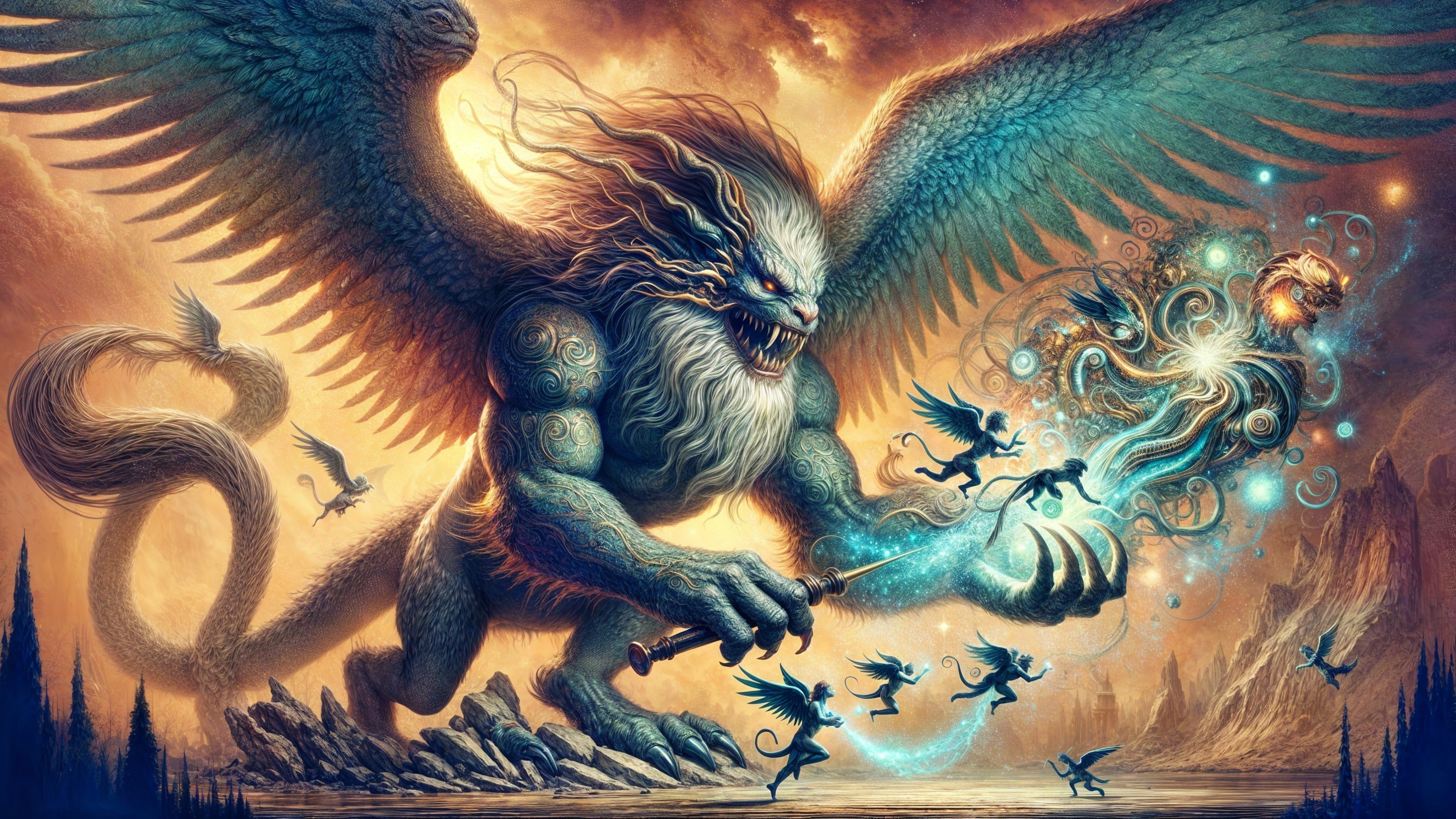 Winged Creature with Lion Body and Magic Staff