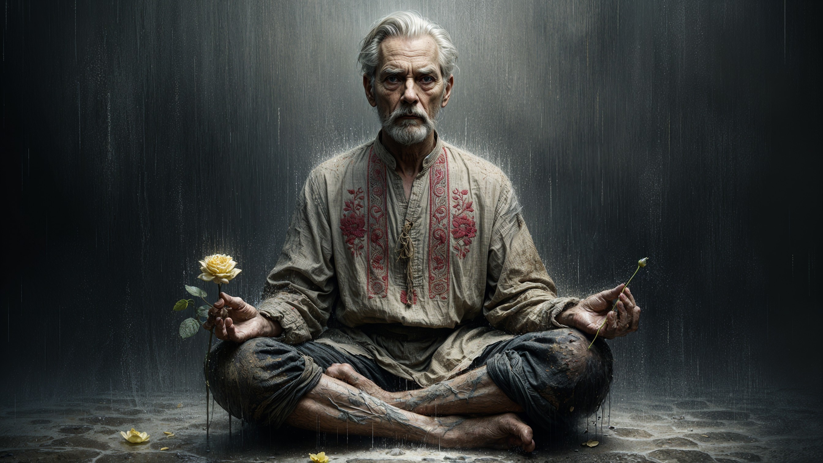 Elderly Man in Meditative Pose with Flowers and Rain