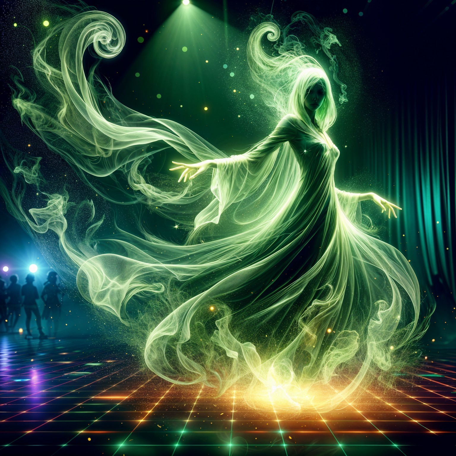 Luminous Figure in Green Mist on Glowing Dance Floor