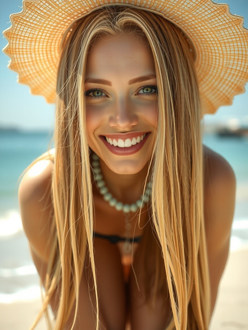 Young woman in bikini on sunny beach with ocean view