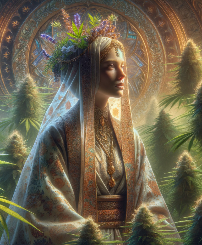 Woman in ornate cloak with floral crown in lush setting