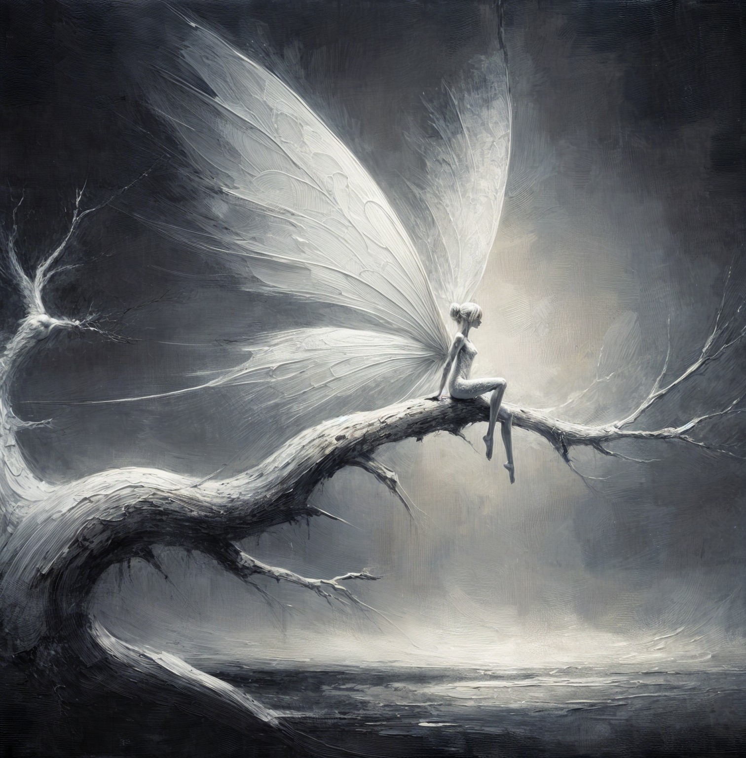Ethereal Fairy on Gnarled Tree Branch in Dreamlike Scene