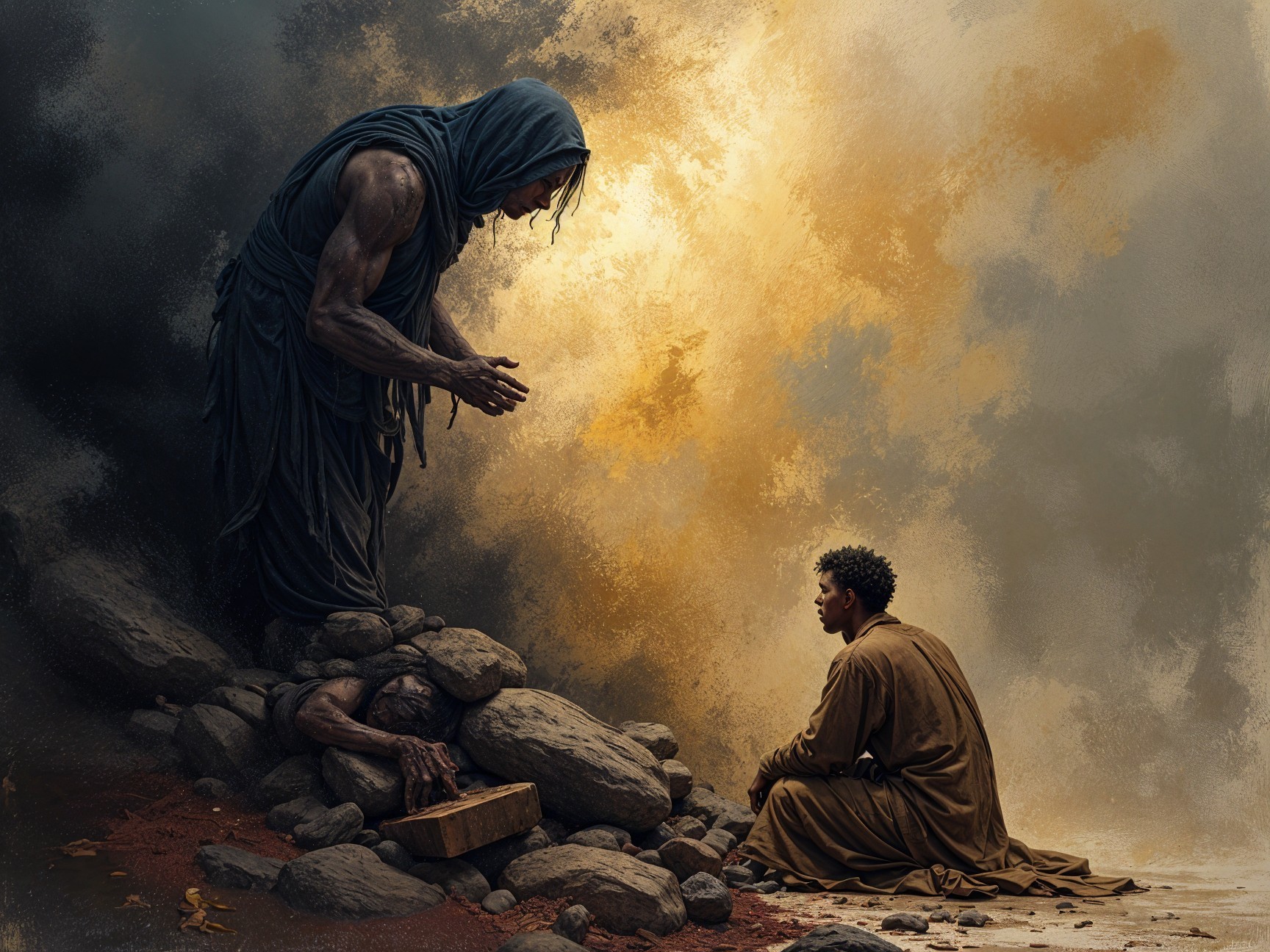 Hooded Figure and Seated Man in Mystical Encounter