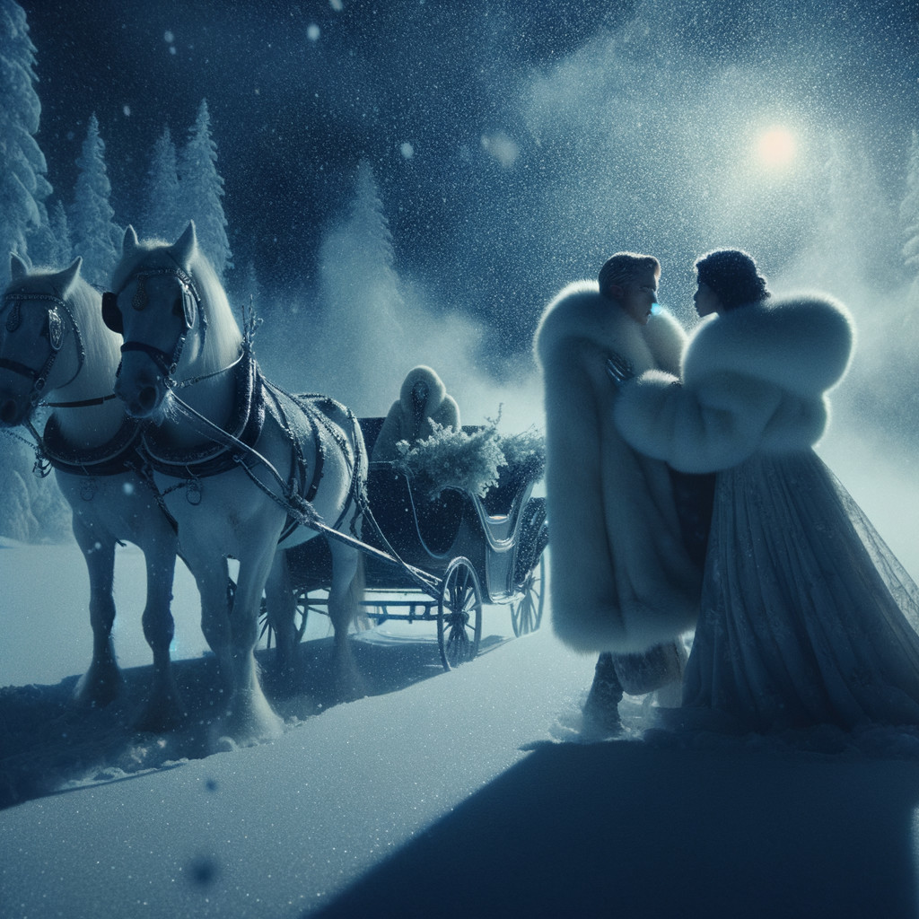 Winter Landscape with Couple in Fur Coats and Sleigh