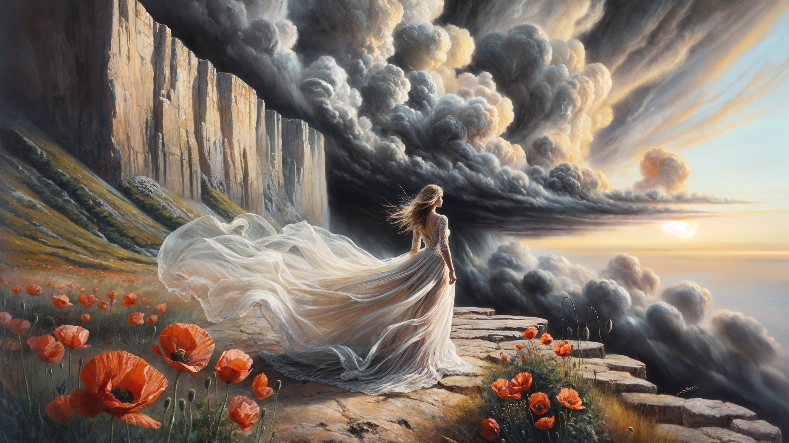 Woman in White Dress on Cliffside with Poppies
