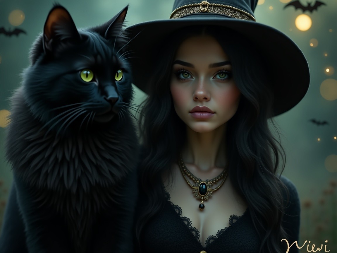 Mysterious Woman and Black Cat in Enchanting Setting