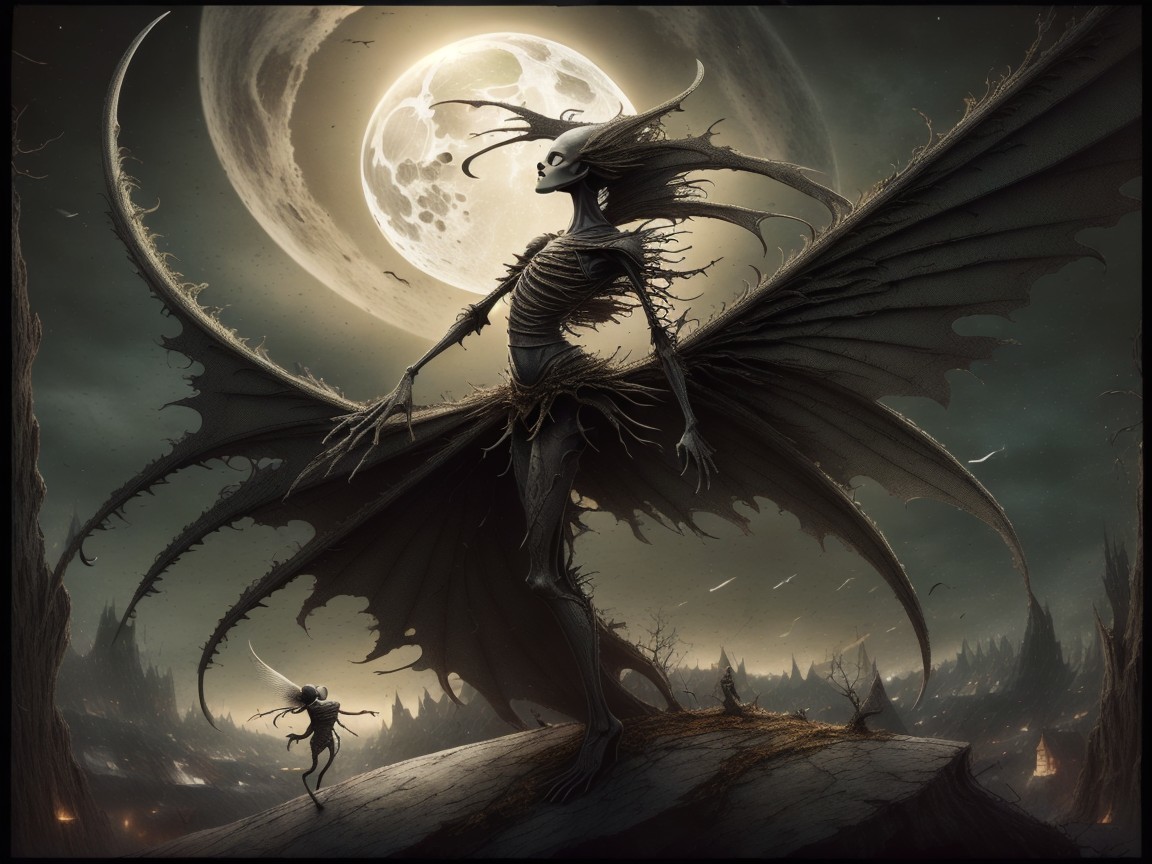 Skeletal Figure with Wings Against Glowing Moon