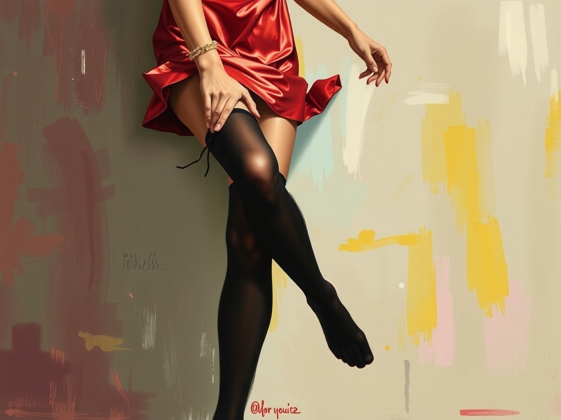 Woman in Red Dress with Sheer Stockings Against Abstract Background