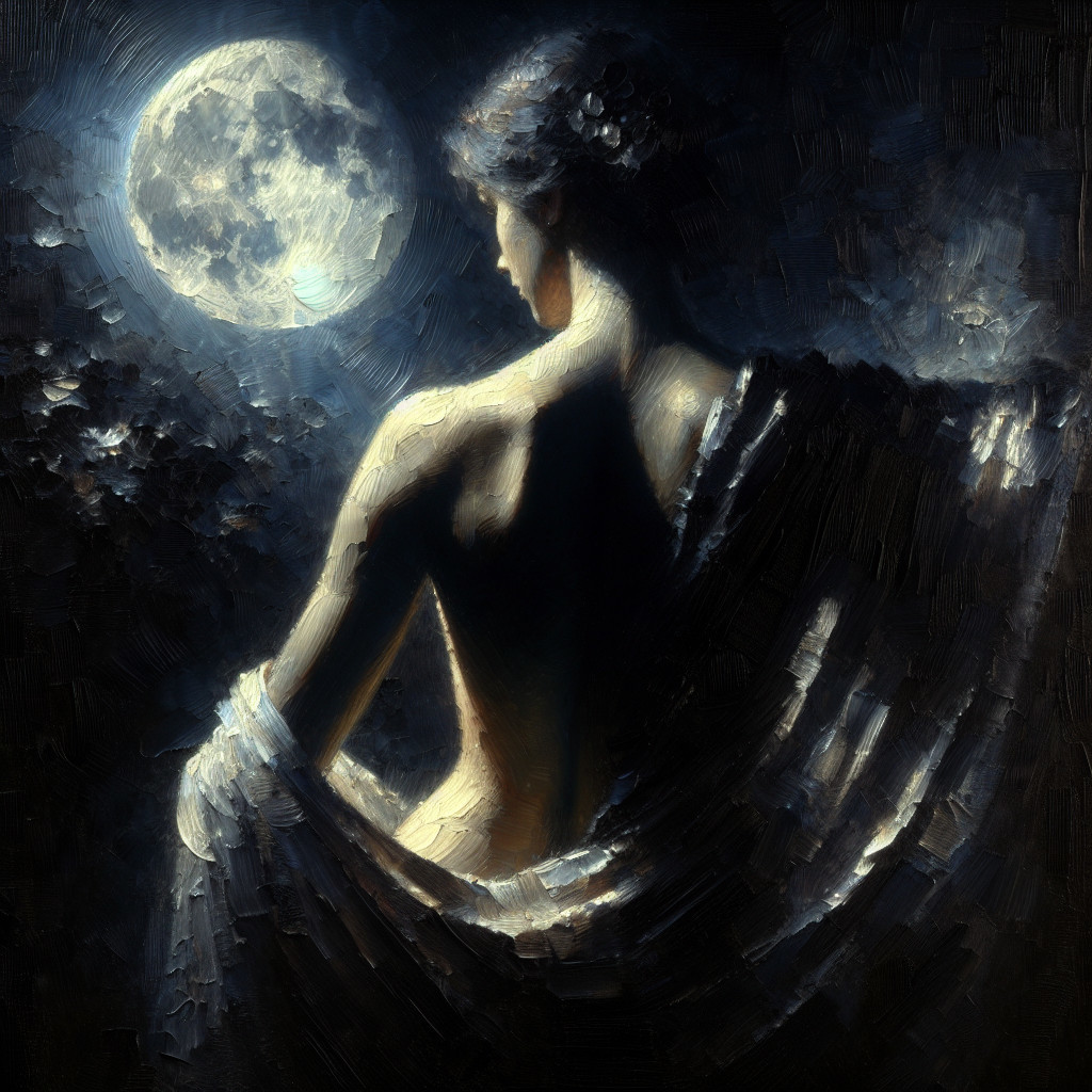 Serene Woman Gazing at Full Moon in Ethereal Scene