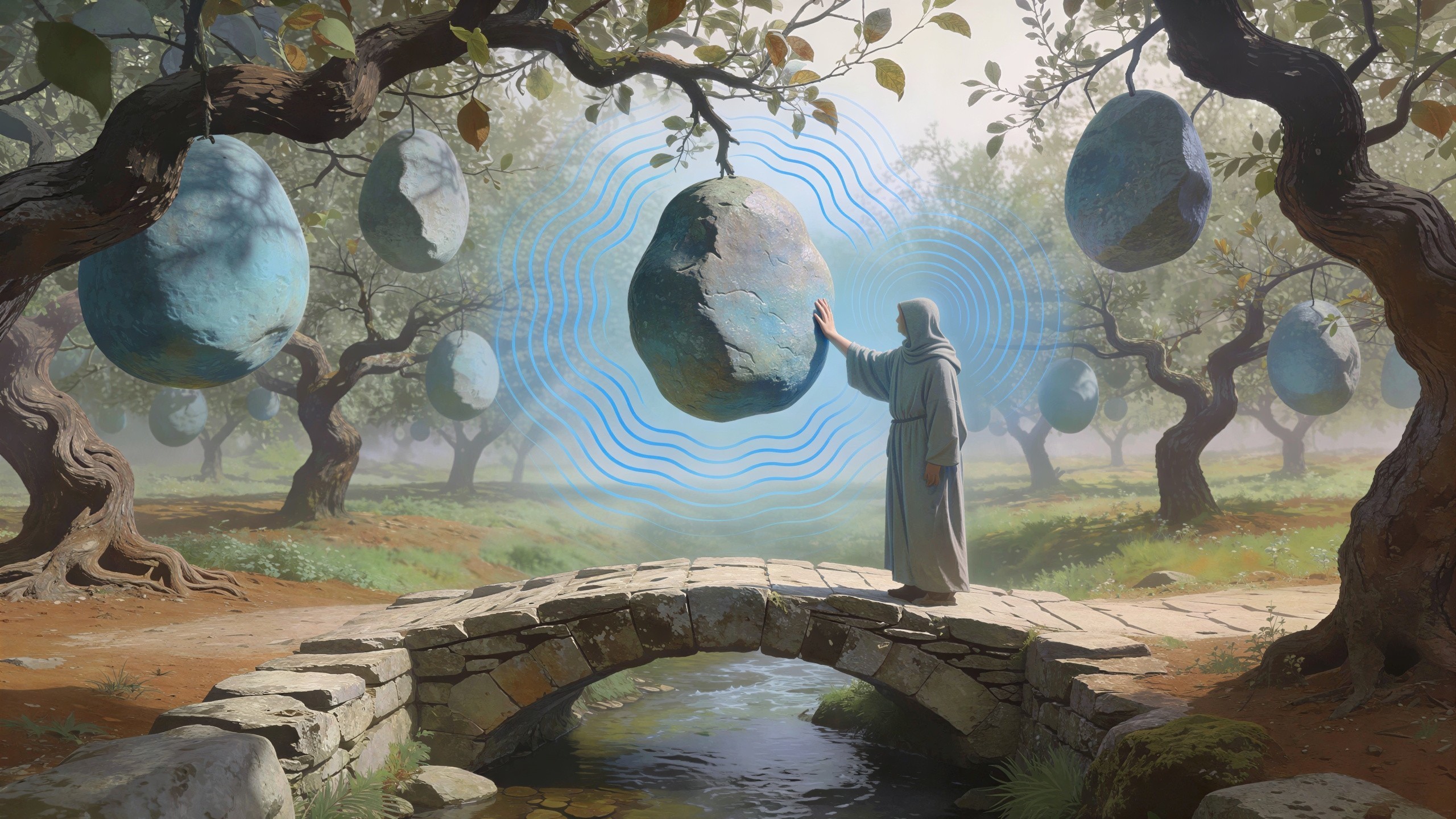 Monk on Bridge in Orchard with Egg-Shaped Fruits