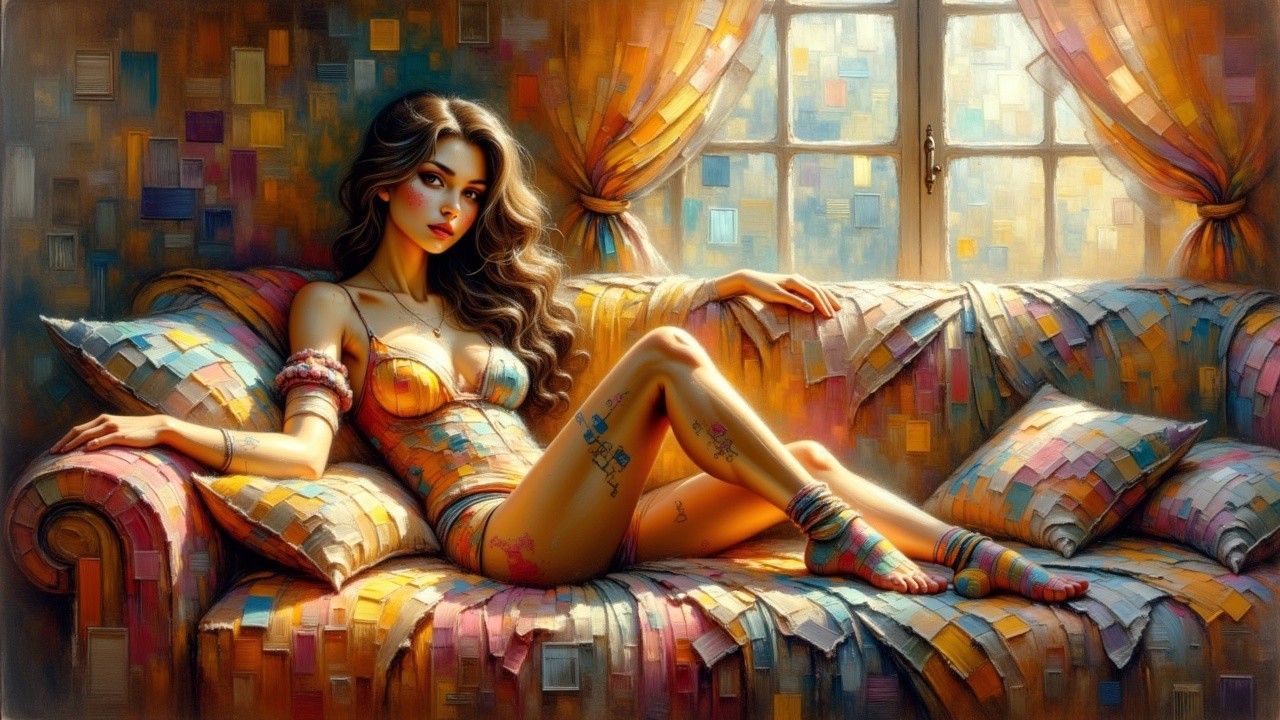 Young Woman Relaxing on Colorful Patchwork Sofa