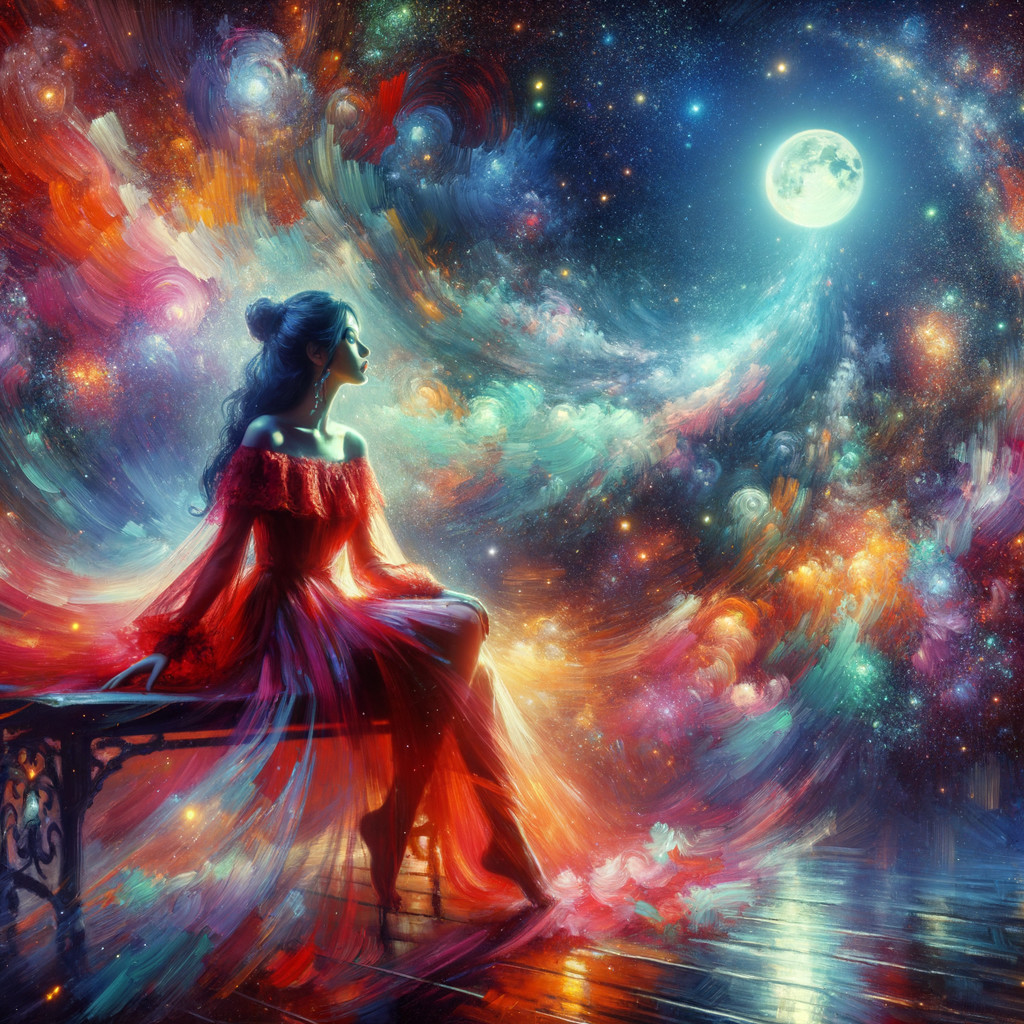 Woman in red dress gazes at luminous moon and stars
