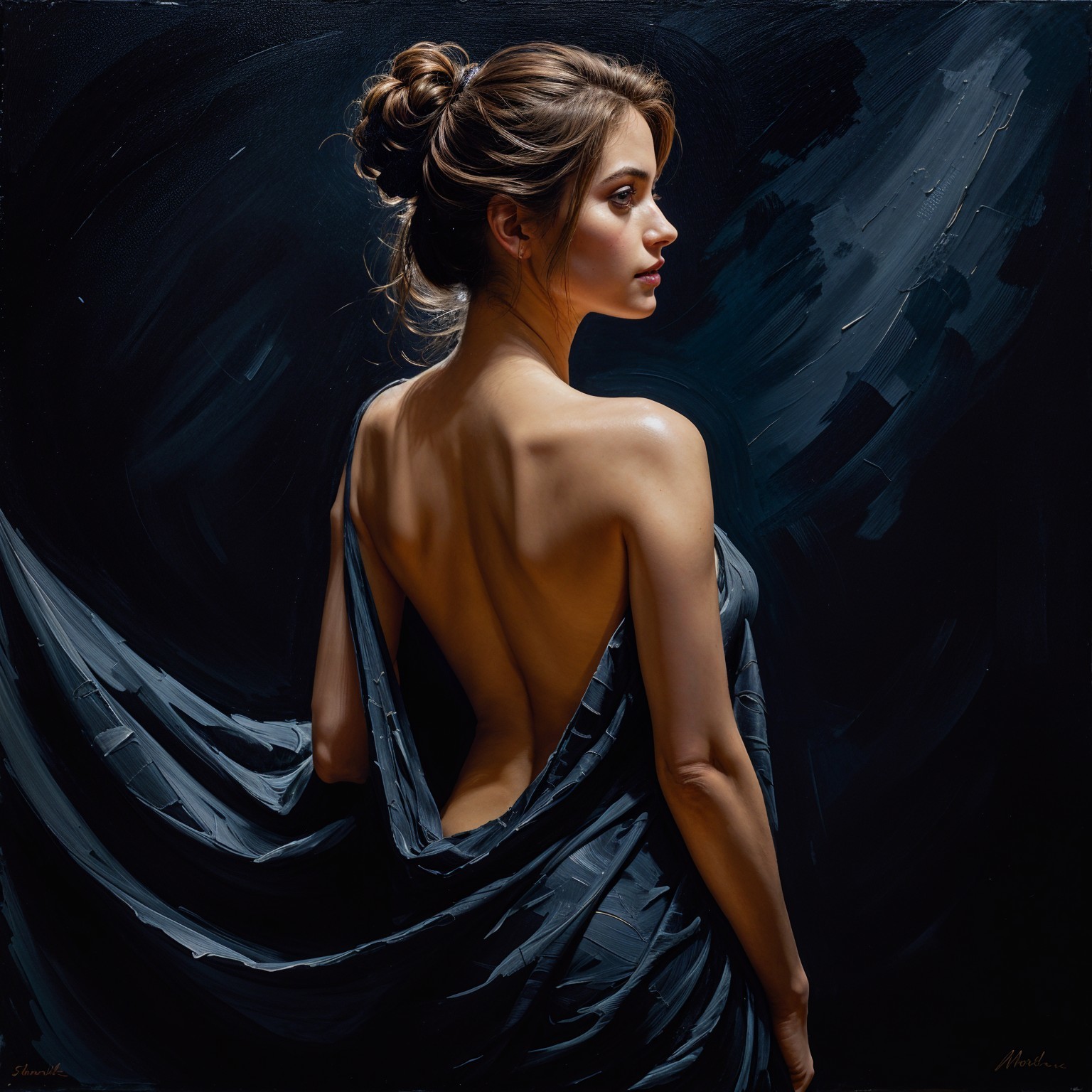 Graceful Woman in Dark Fabric with Dramatic Lighting