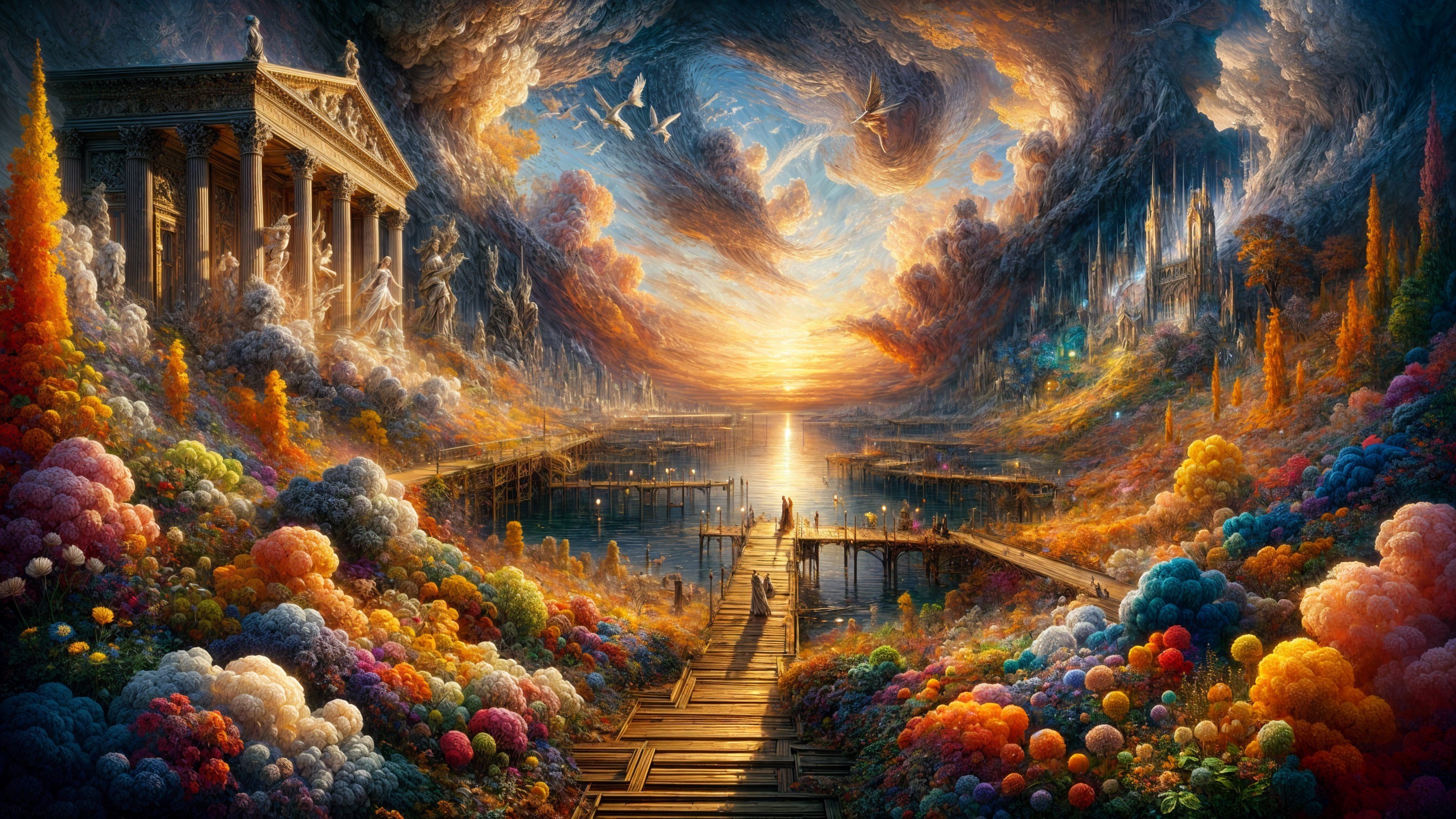 Dreamlike Landscape with Temple and Sunset Reflections