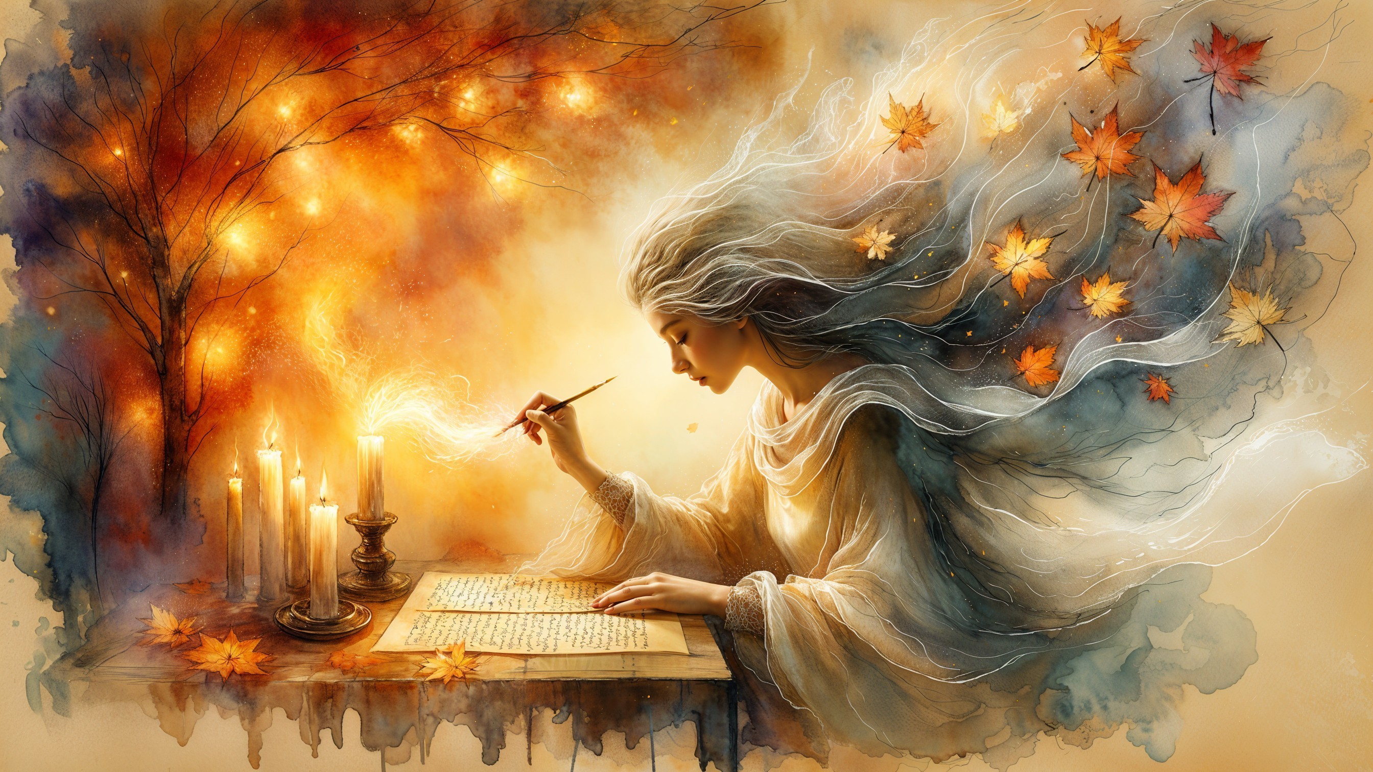 Serene figure writing in candlelit autumn setting