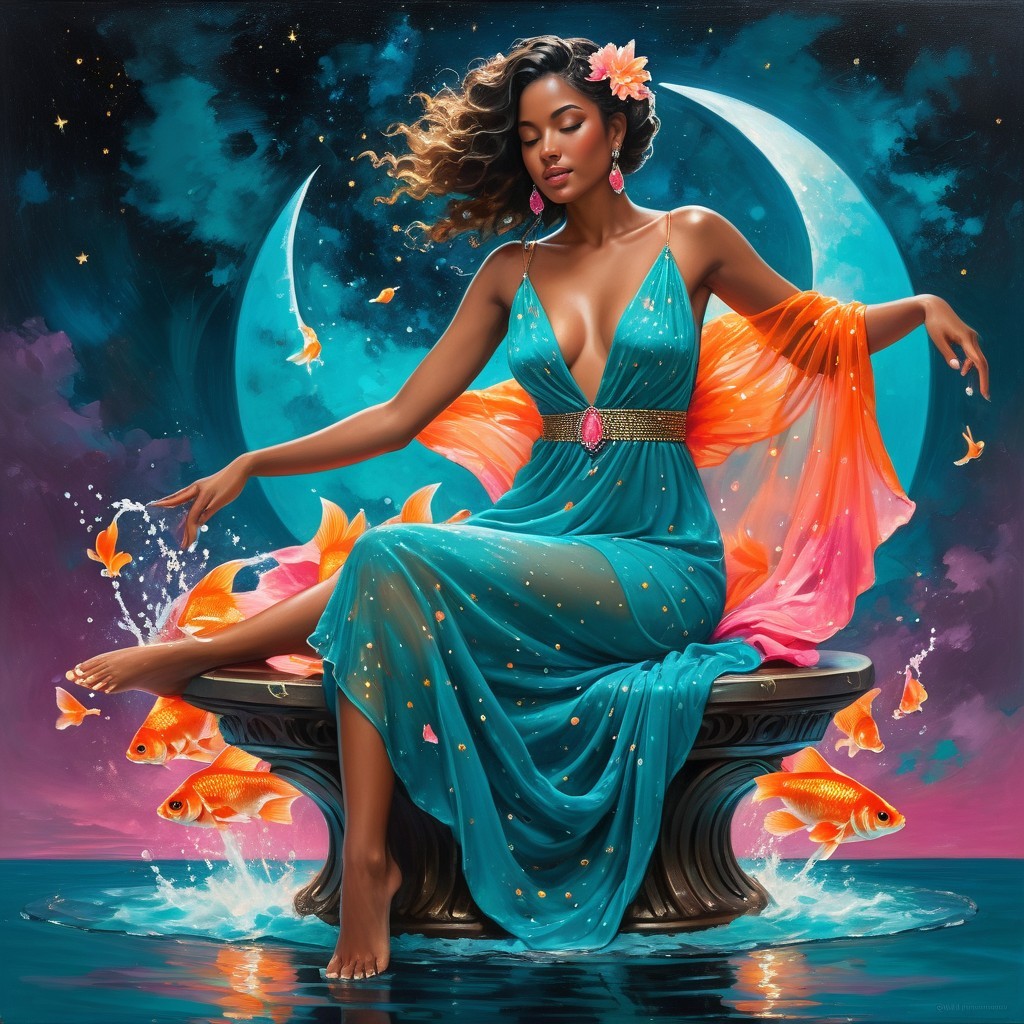 Serene Woman on Stone Pedestal Surrounded by Water