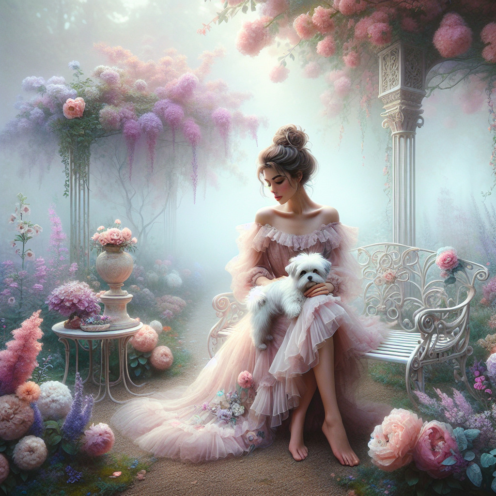 Pastel Garden Scene with Woman and Fluffy Dog