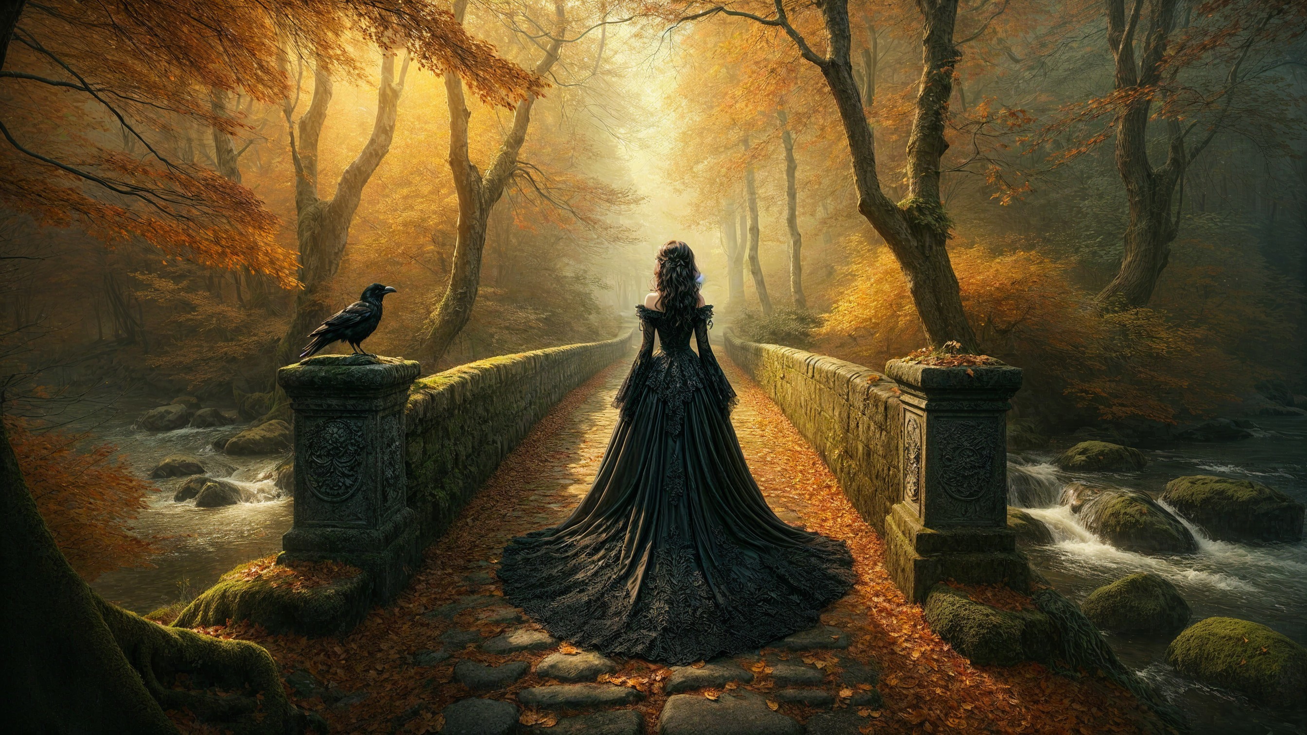 Mysterious Figure on Stone Bridge in Autumn Setting