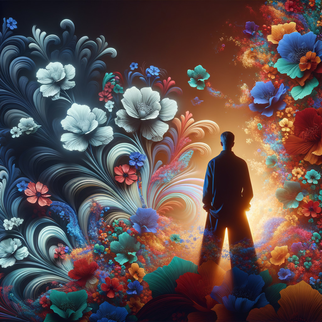 Silhouette Against Vibrant Floral Swirls on Dark Background