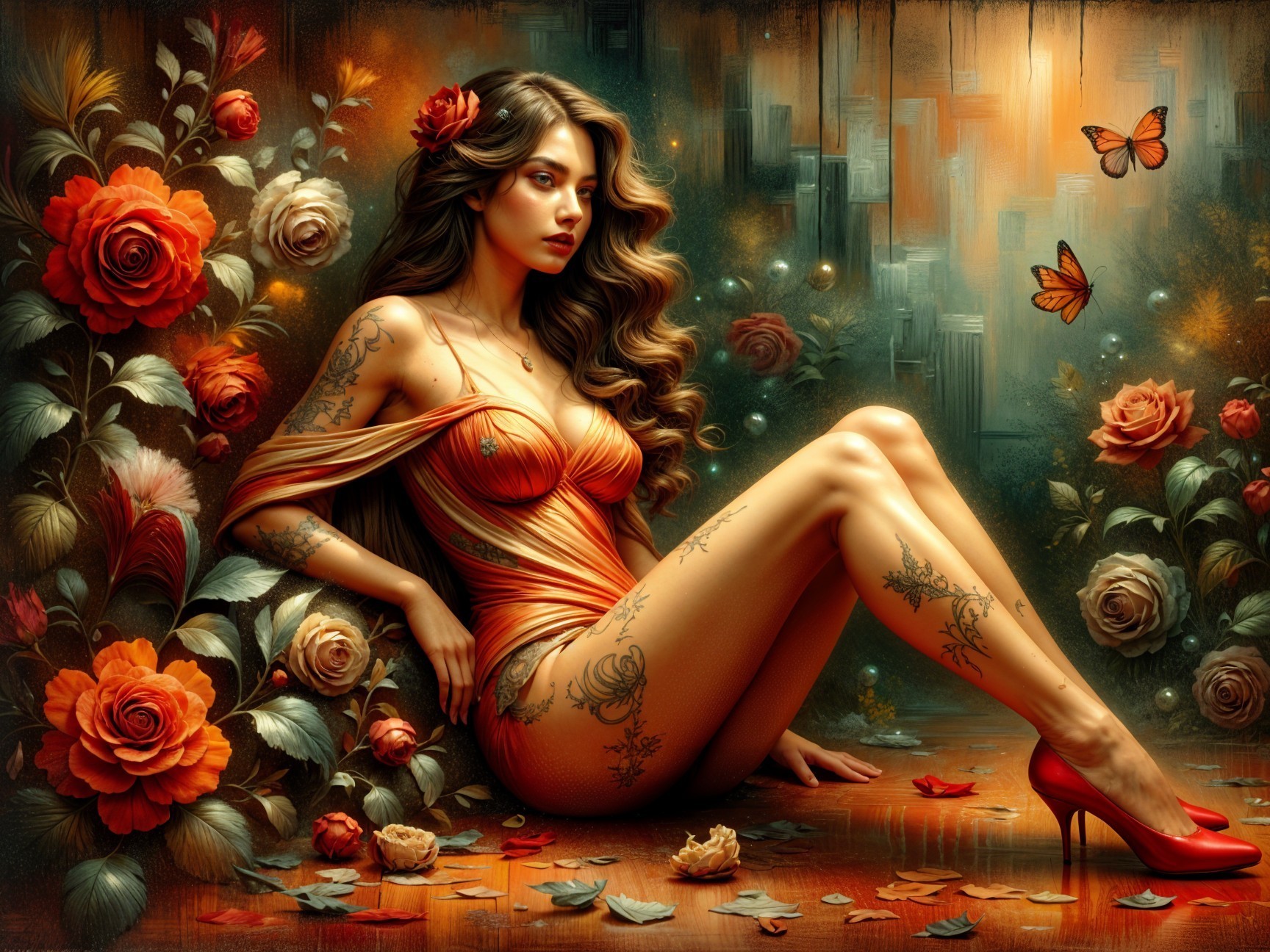 Woman in Orange Garment Surrounded by Roses and Butterflies