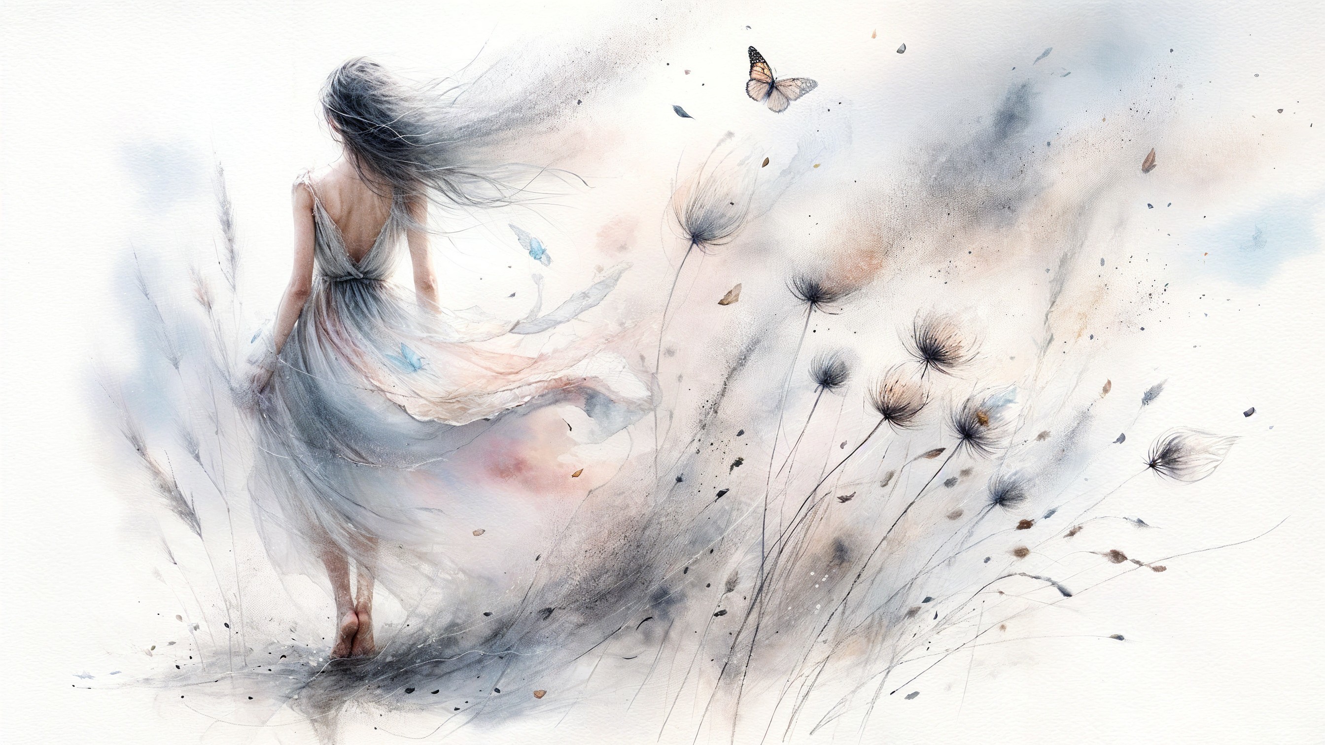 Delicate figure in flowing dress amid soft colors