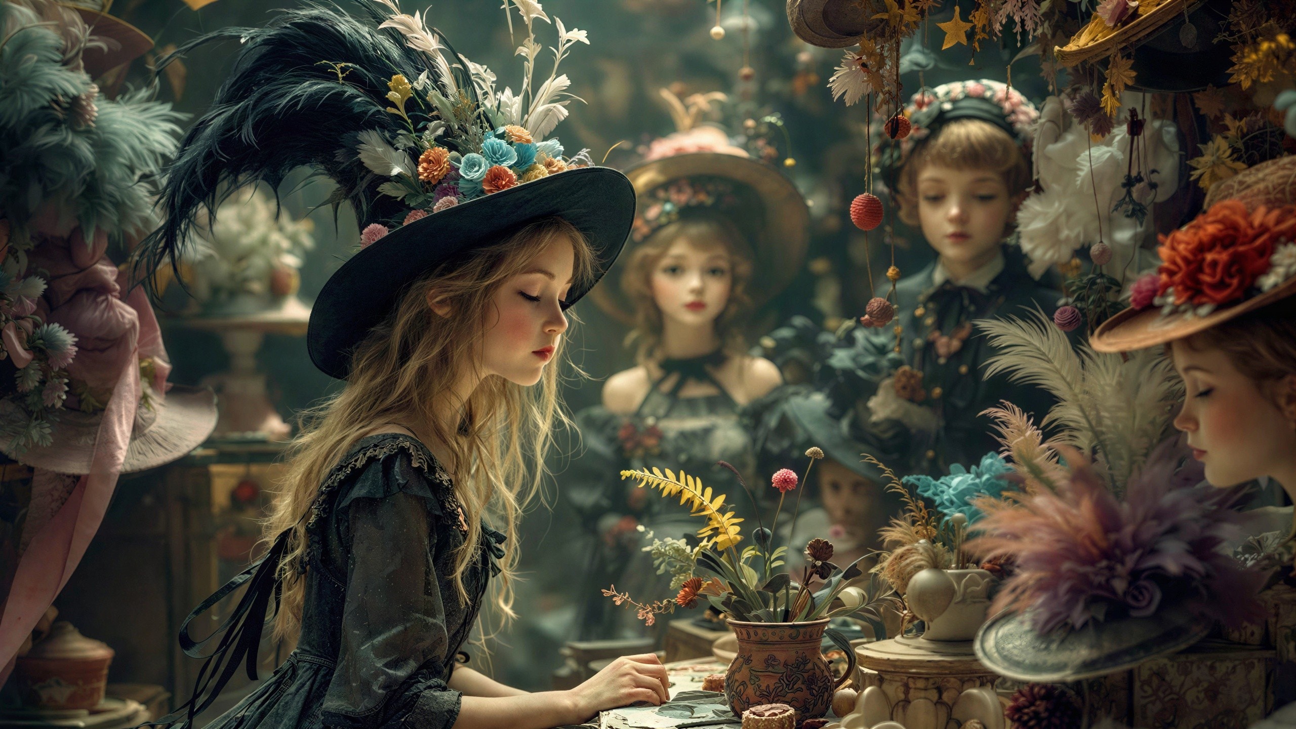 Close-up of a girl in a witch's hat at a workshop