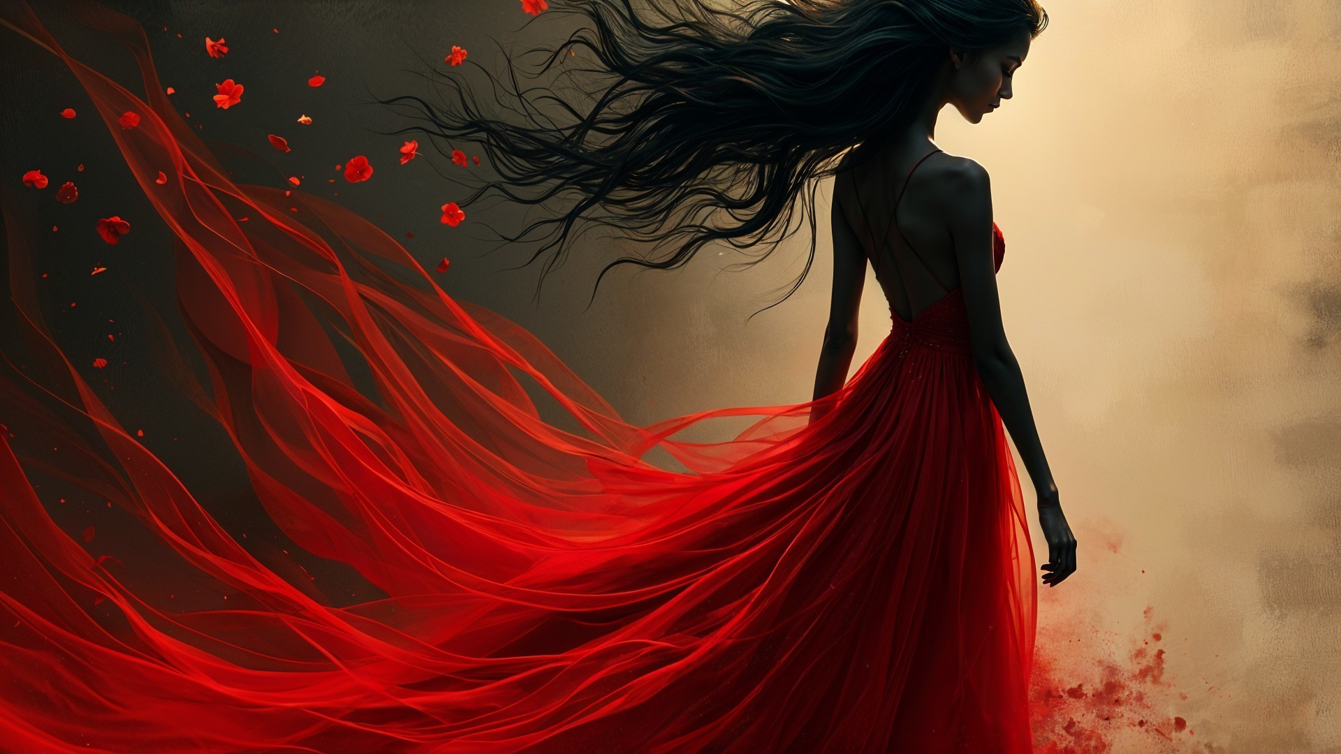 Silhouette of a Woman in a Red Dress with Petals