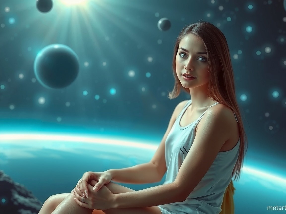 Young woman in serene pose with cosmic backdrop