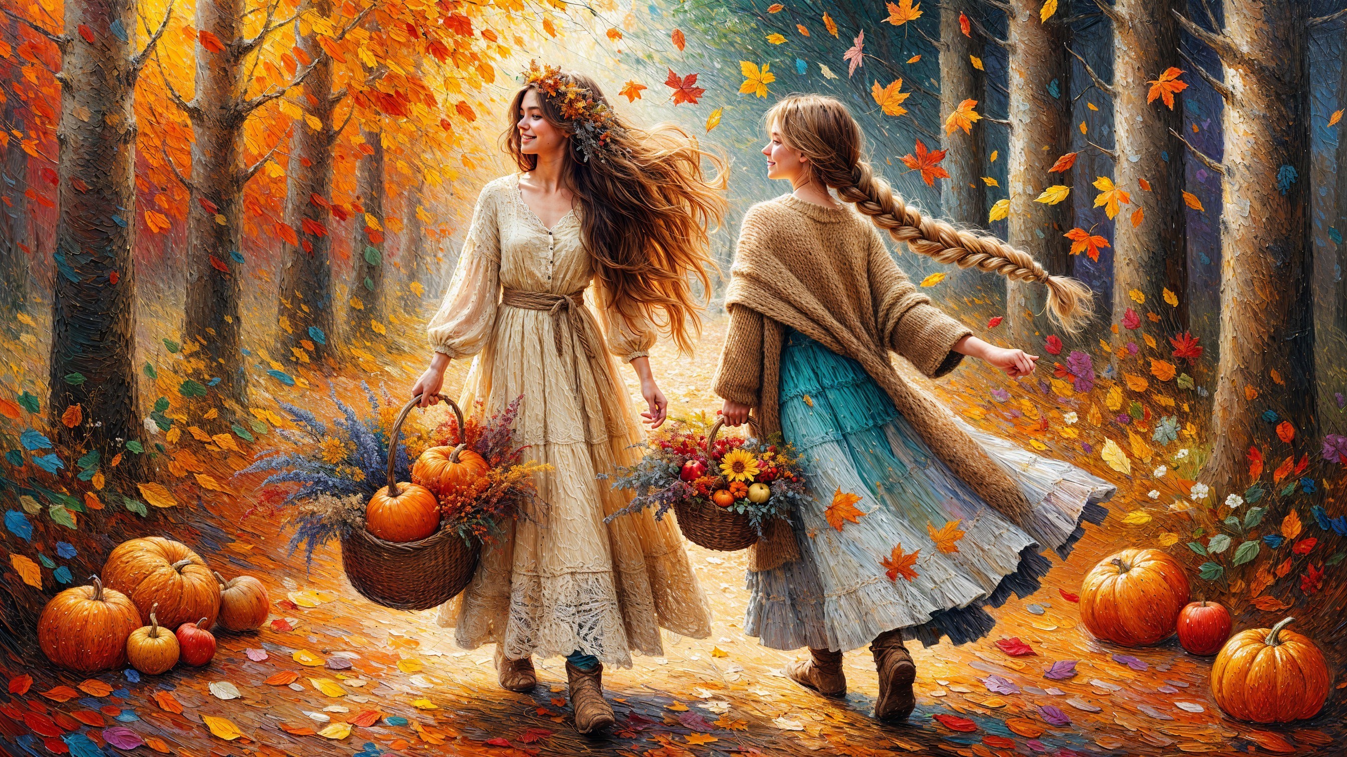 Autumn Landscape with Women in Floral Dresses